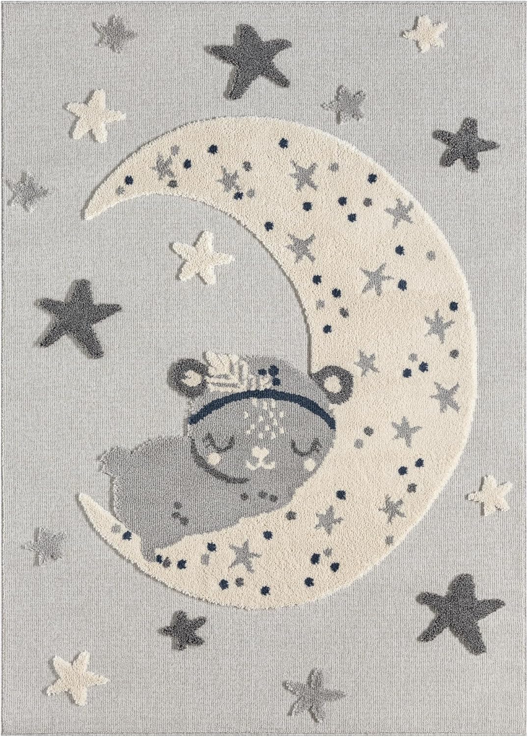 TOWN & COUNTRY PLAY Good Night Moon & Stars Kids Area Rug, Soft & Plush, Calming, Bedroom Rug, Nursery Decor, Playroom & Classroom Rugs, Grey, 5'2"x7’2”