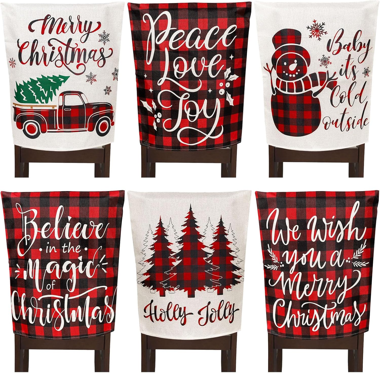 Whaline 6Pcs Christmas Chair Covers Xmas Tree Snowman Pattern Chair Back Covers Buffalo Plaid Dining Room Seat Cover Red Black Chair Slipcovers for Home Kitchen Hotel