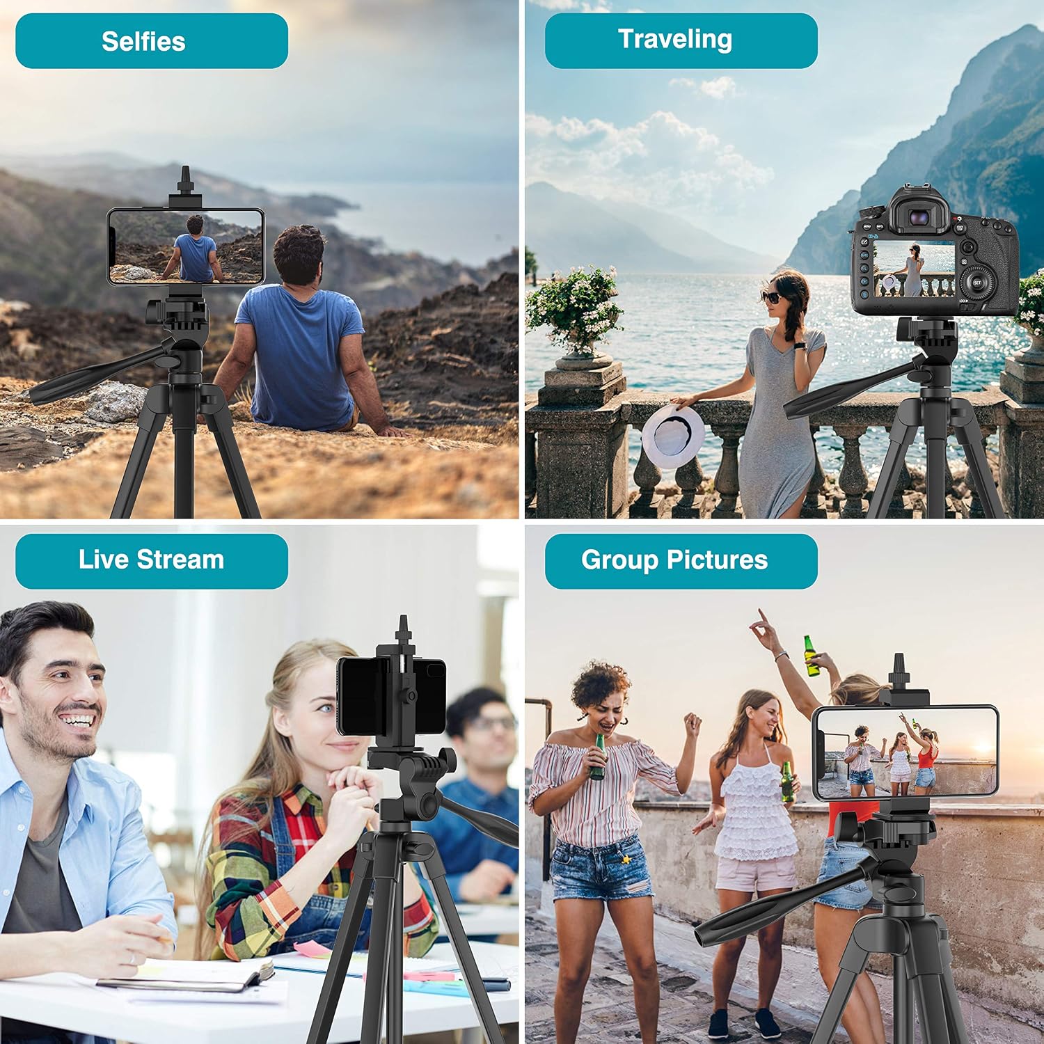 54" Phone Tripod Stand Extendable, Lightweight Aluminum Tripod for iPhone with Remote, Phone Holder for Live Stream & Selfies, Video Recording, Compatible with Phone/GoPro/Digital Cameras