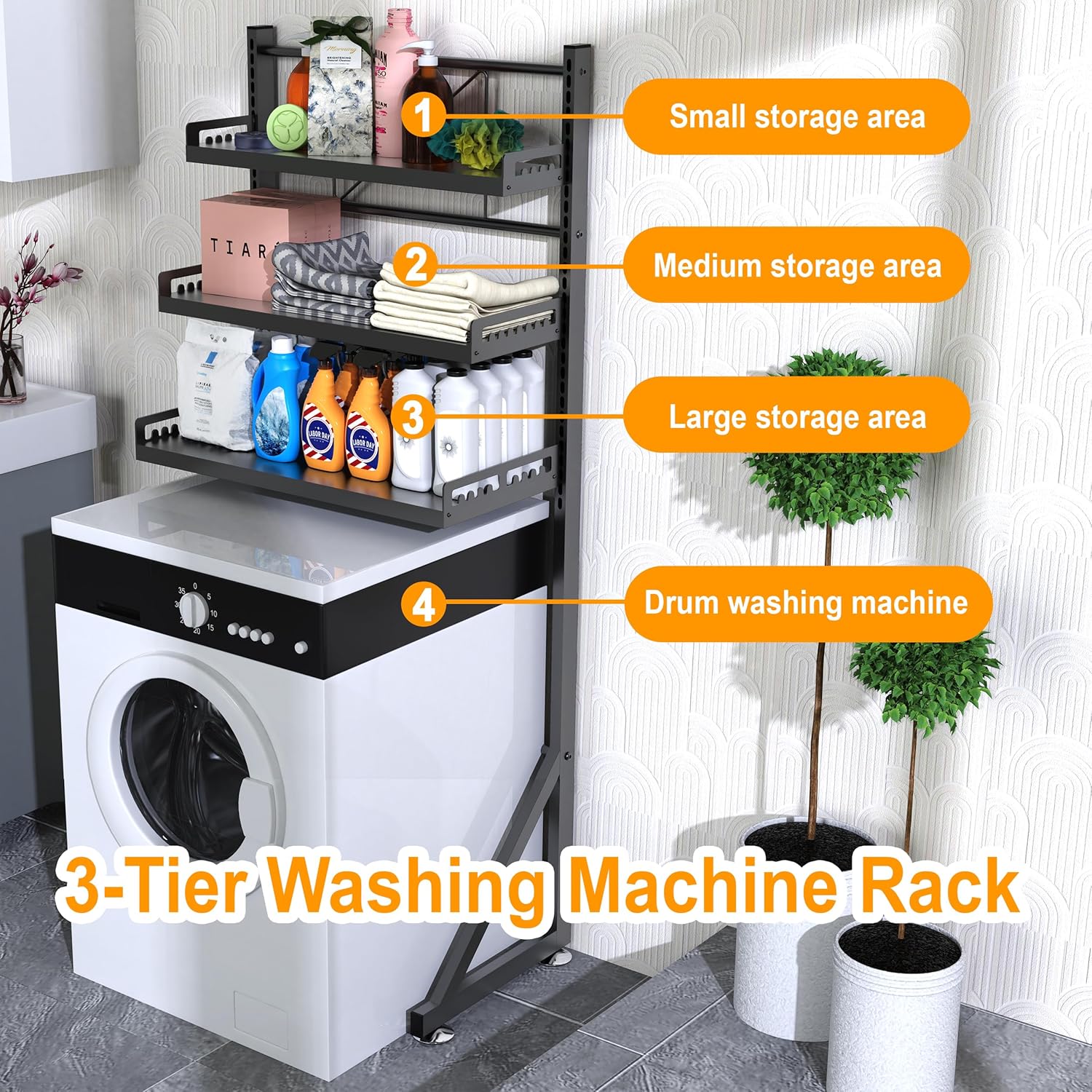 Multifunctional Storage Three-Tier Adjustable Height Laundry Room Shelf Space Saving Organizer