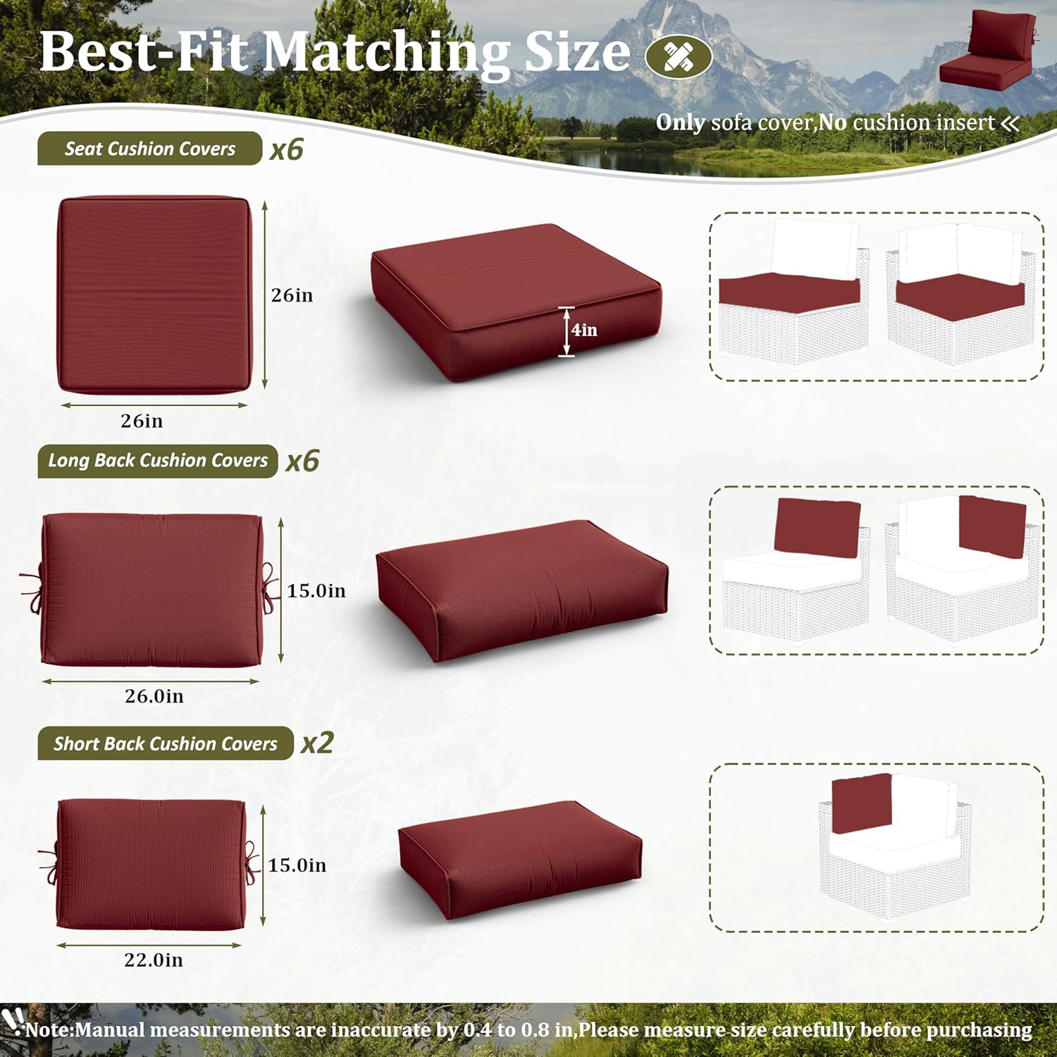 14 pcs outdoor cushion slipcovers all-weather patio cushion covers, replacement waterproof with zipper for patio furniture, sectional couch 3 sizes, covers only burgundy