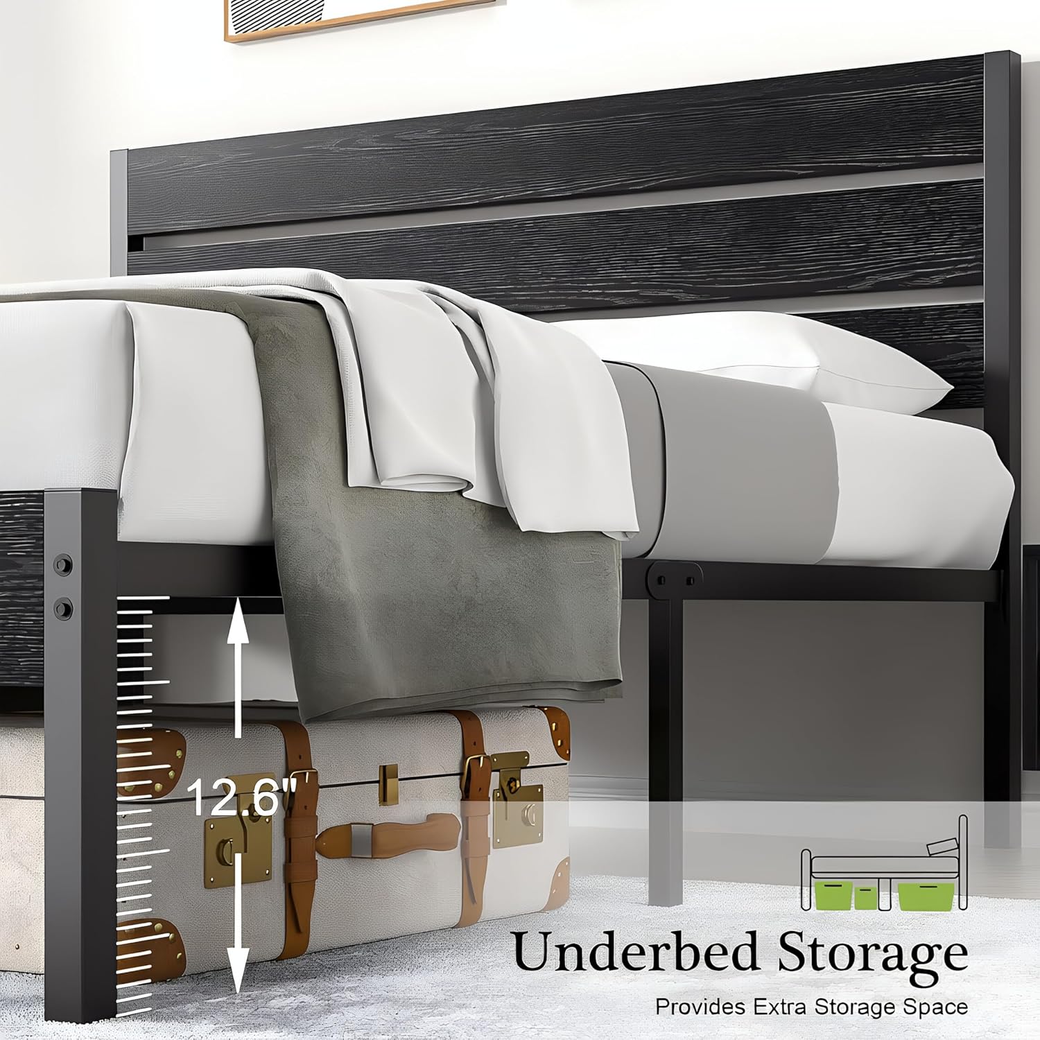 VECELO Queen Size Bed Frame - Heavy-Duty Metal Platform with Wood Headboard, No Box Spring Needed, Matte & Black