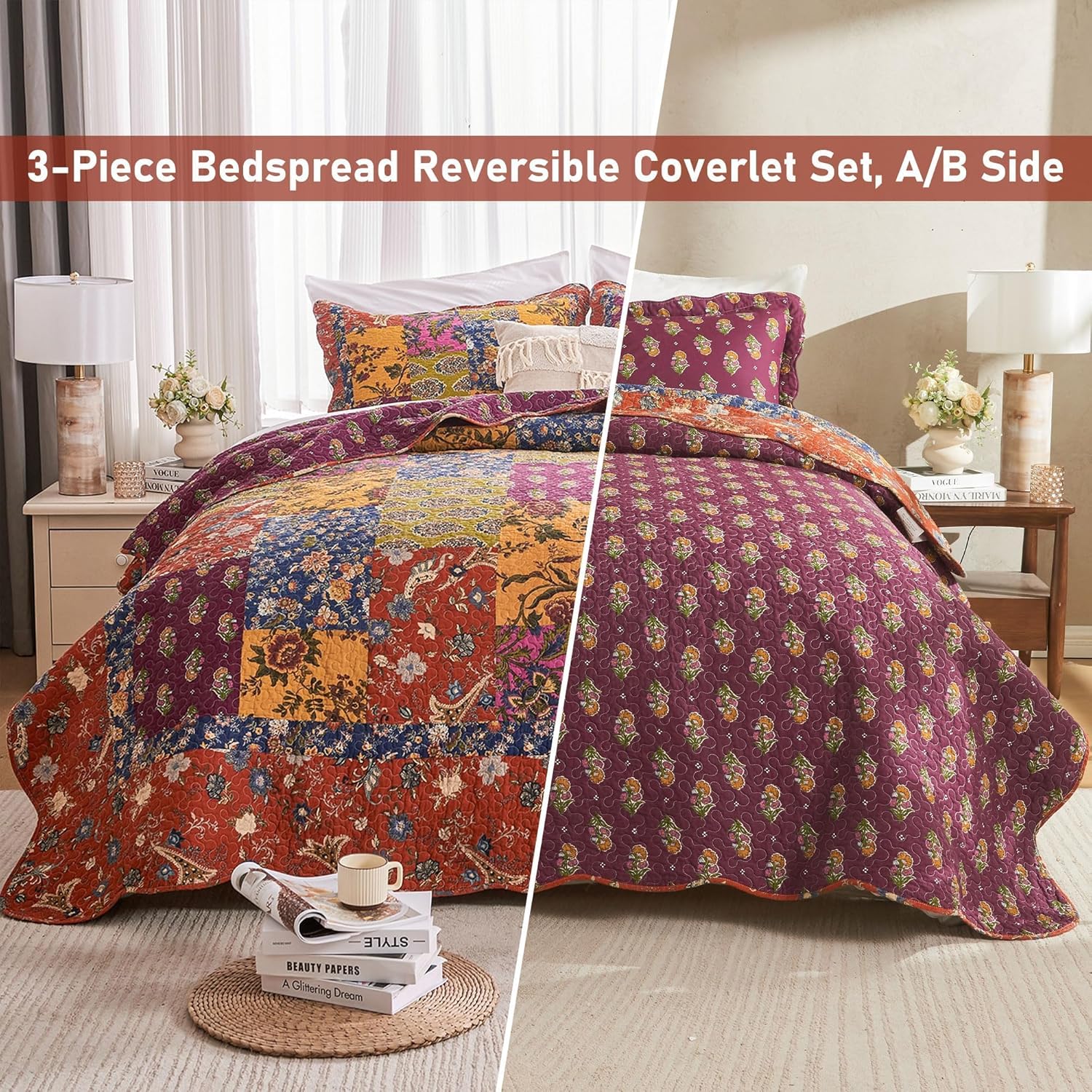 DECMAY 100% Cotton Quilt Queen Size, 3 Pieces Patchwork Bedspreads Queen Quilt Bedding Set, Lightweight Farmhouse Reversible Coverlet Comforter Set with 2 Pillowcases for All Seasons, Orange