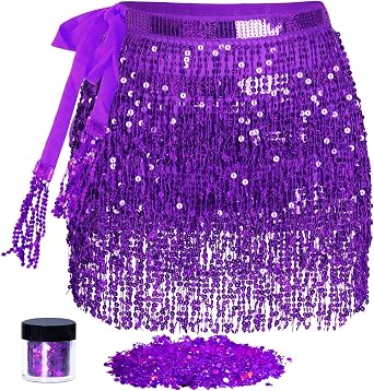Sequin Tassel Skirt Belly Dance Hip Scarf Wrap with Glitter Sequins Sparkly Fringe Skirt Rave Festival Halloween Outfit