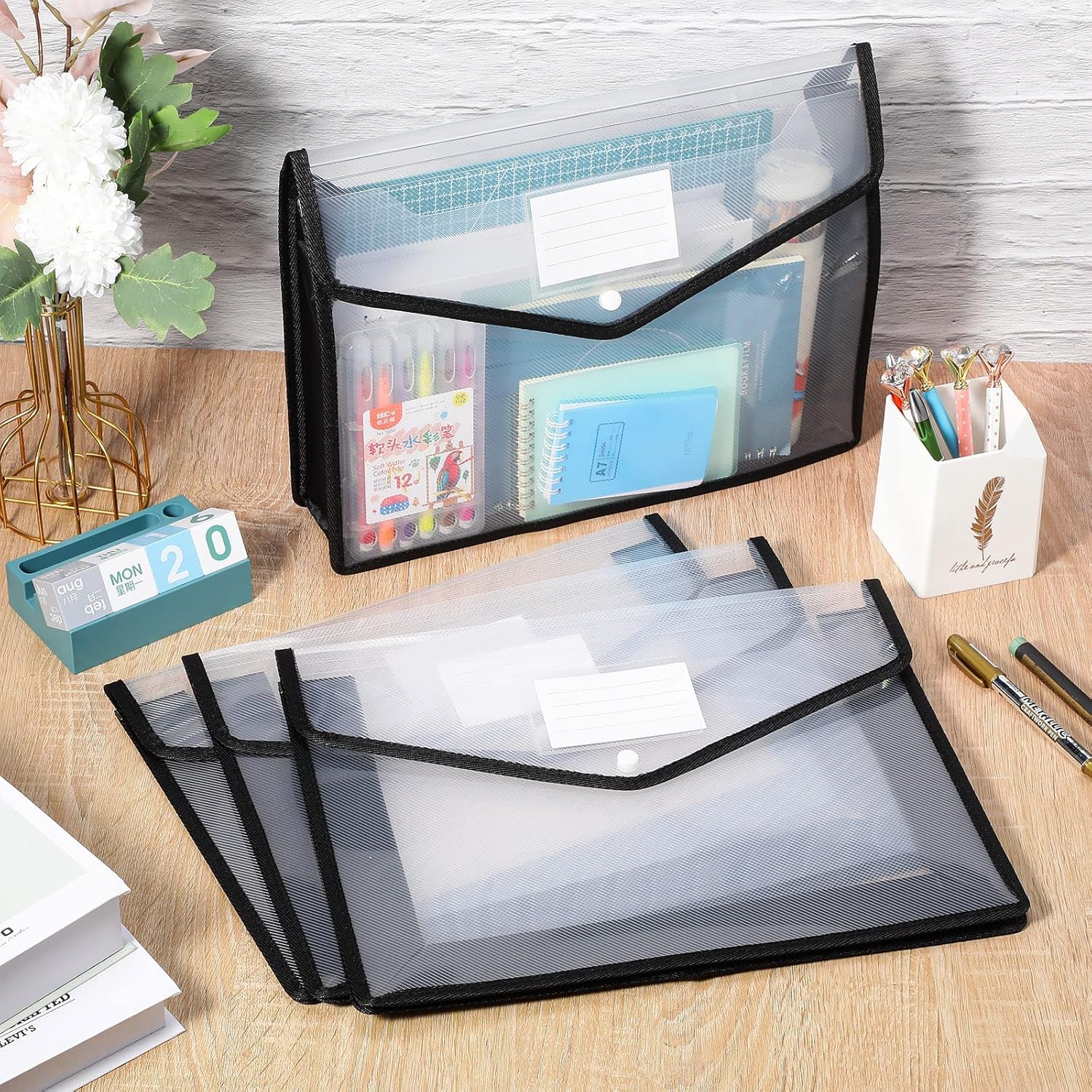 10 Pieces B4 Plastic File Folders Envelope Expanding File Wallet Organizer Documents Folder with Snap Closure and Pocket Waterproof Transparent File Pouch for School Office Home (Black) : Office Products