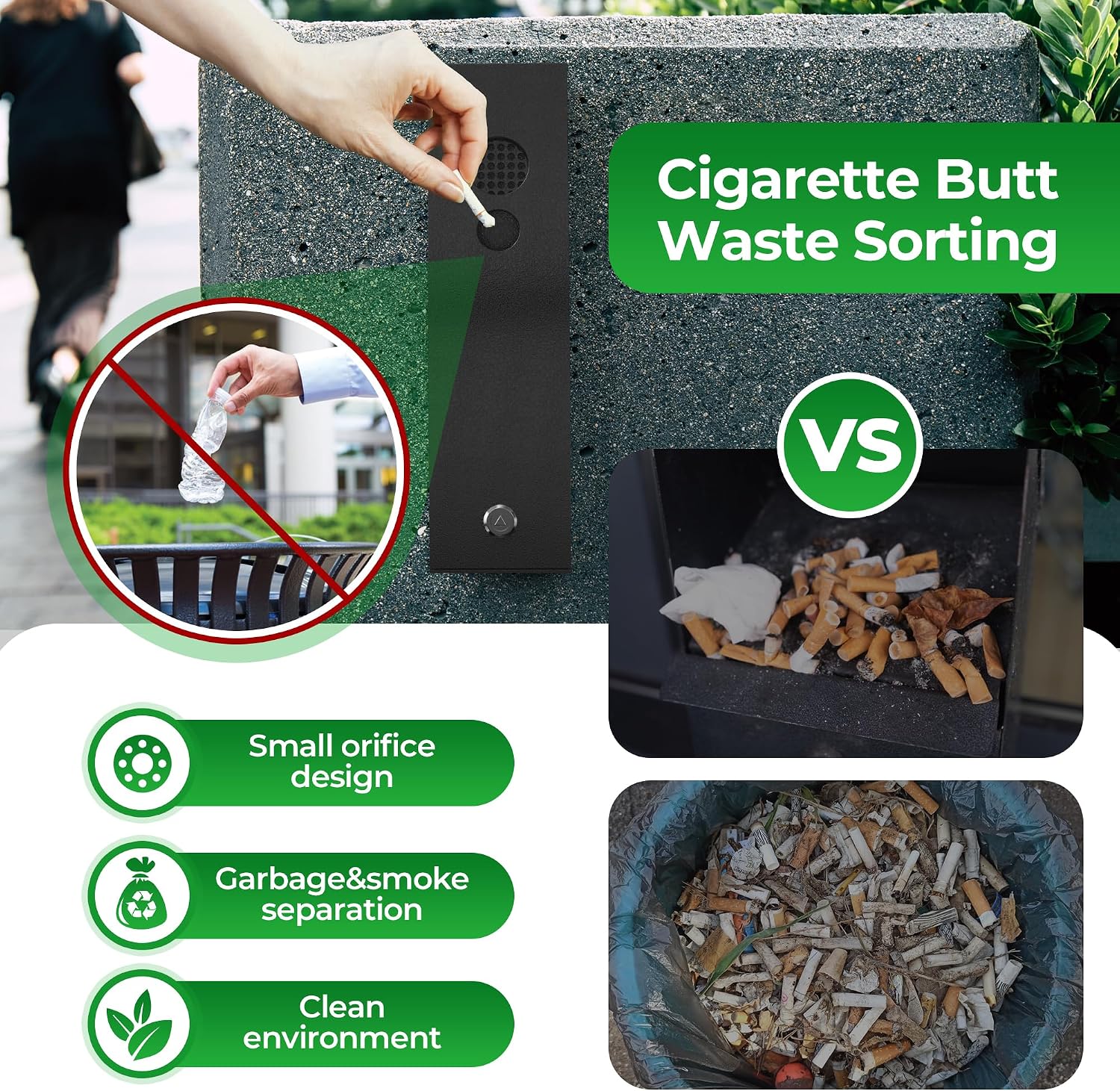 Wall mounted Cigarette Butt Disposal,Receptacle,Ashtray,Bin,Fireproof, Prevention of Waterlogging, Corrosion Resistant, Smokeless, Suitable for Park,Outdoor,Offices,Smoking Areas.Black