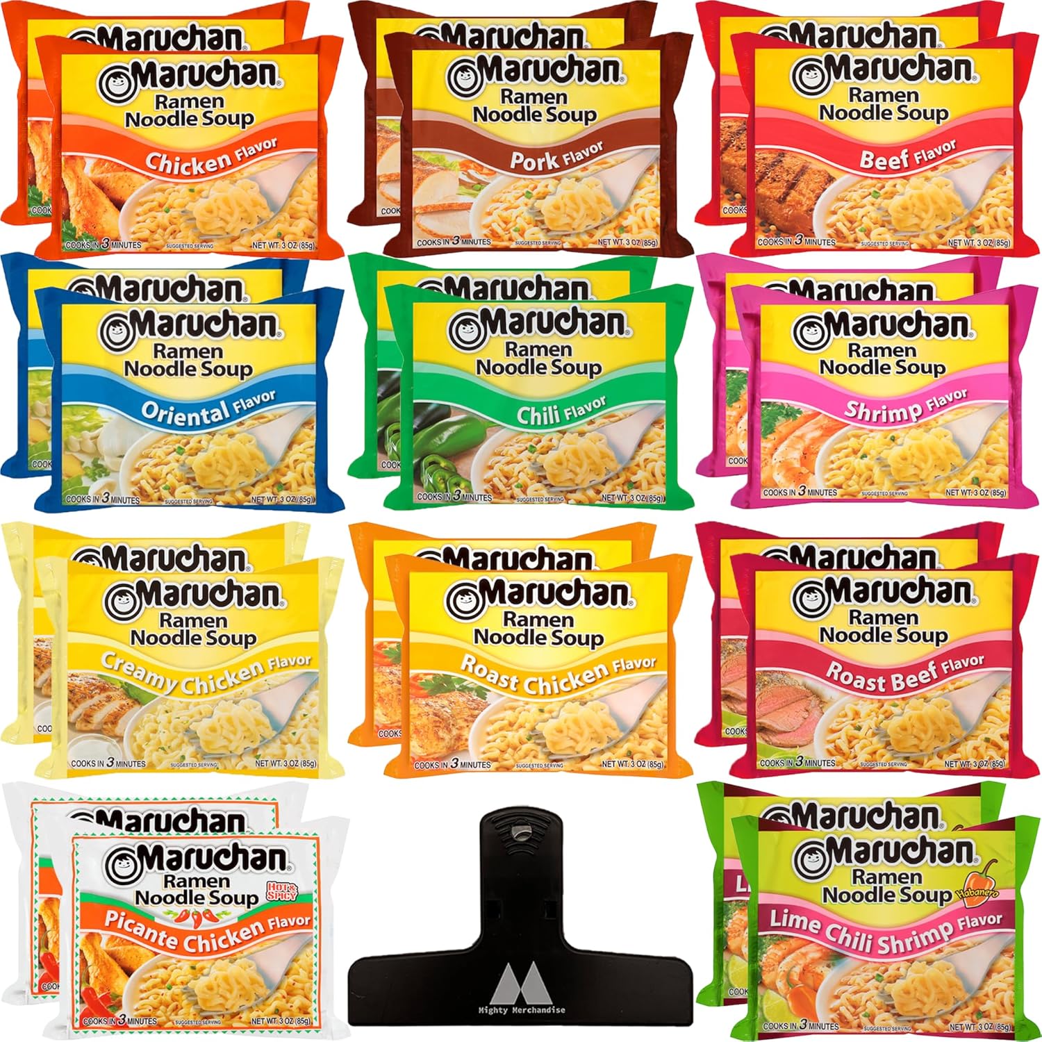 Ramen Noodle Soup Variety Pack – 3 oz (Pack of 22) – 11 Flavors – Chicken, Beef, Pork, Chili, Shrimp, Lime and Oriental – With Mighty Merchandise Bag Clip