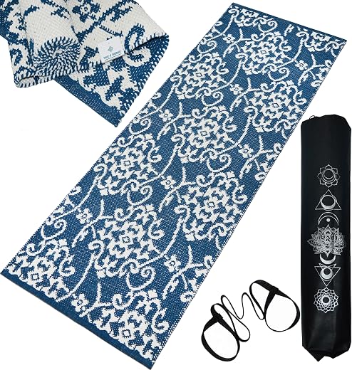 House of Handmade™- Floral Cotton Yoga Mat for Women &amp; Men, 100% Cotton, High Density Anti-Slip Backing, Carry Bag &amp; Strap...