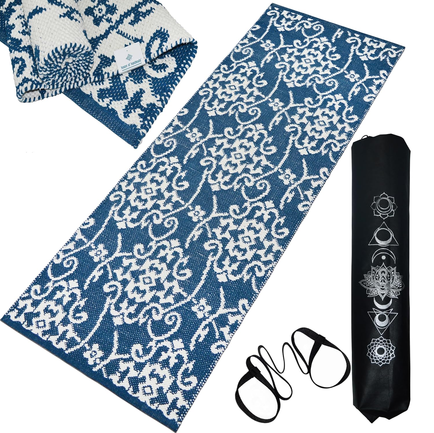 Floral Cotton Yoga Mat for Women & Men, 100% Cotton, High Density Anti-Slip Backing, Carry Bag & Strap 8 mm Thick, Home & Gym Use, Washable, BLUE