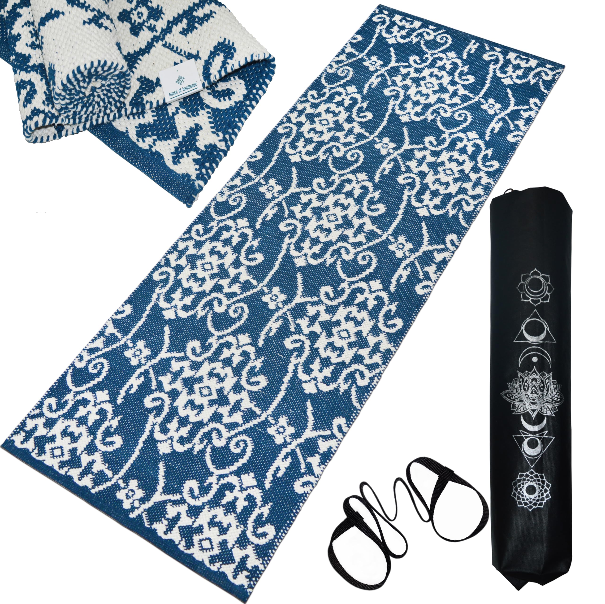 house of handmade House of Handmade™- Floral Cotton Yoga Mat for Women & Men, 100% Cotton, High Density Anti-Slip Backing, Carry Bag & Strap 8 mm Thick, Home & Gym Use, Washable, BLUE-picture-19