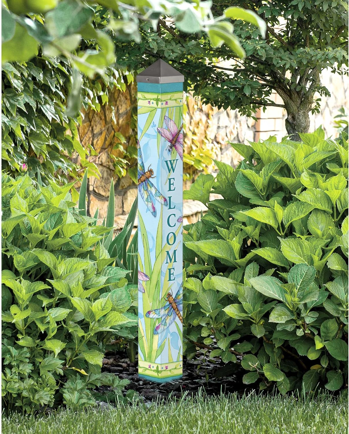 Studio M Art Pole Outdoor Decorative Accessory for Landscaping, Gardens, and Yards, 40 Inches Tall Weather Resistant PVC with Vinyl Wrap, Dragonfly Days
