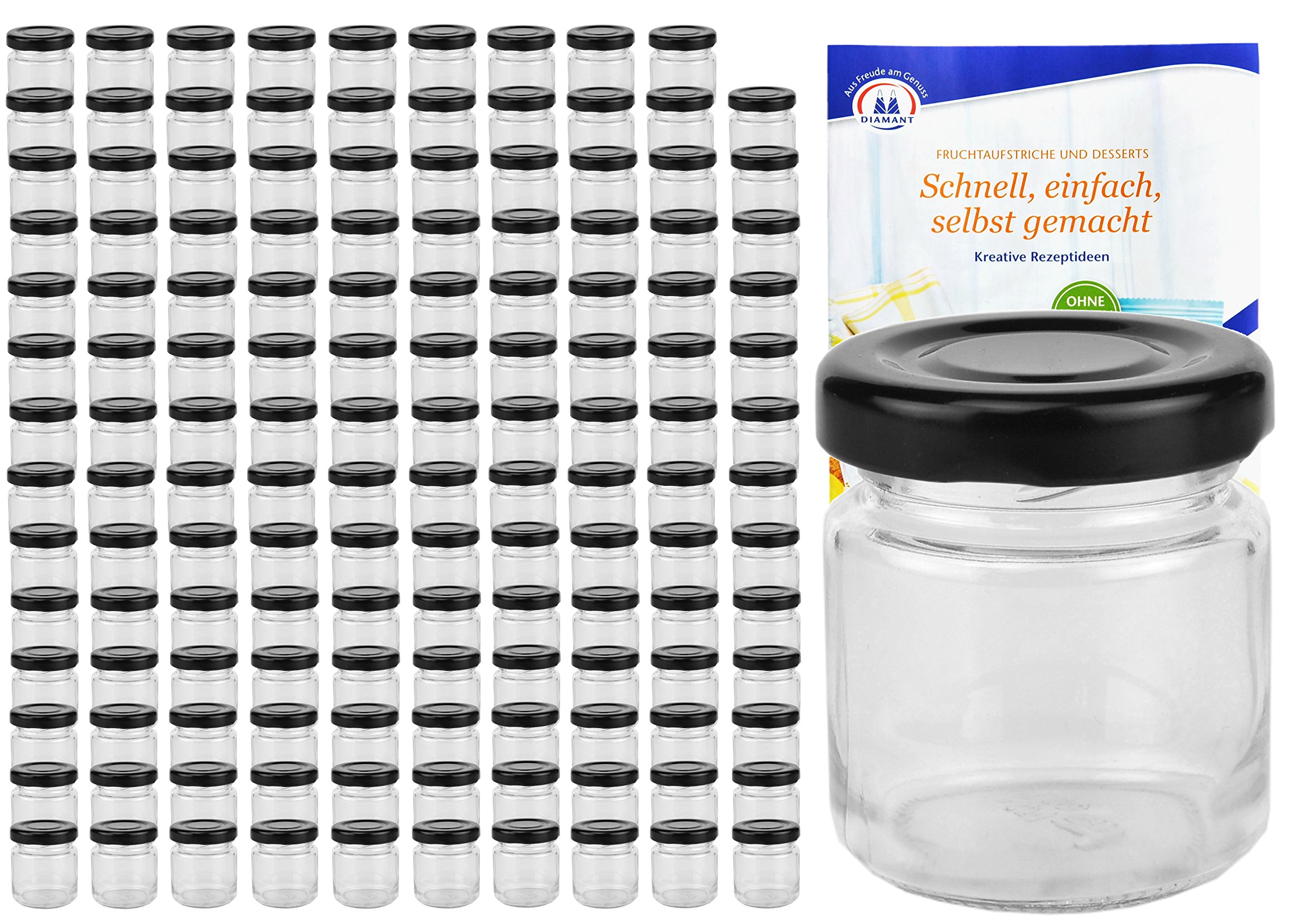 MamboCat 150er Set Rundgläser 53 ml Deckelfarbe schwarz TO 43 inkl. Diamant Gelierzauber Rezeptheft, Einmachgläser, Einkochgläser, Vorratsgläser, Mini Sturzgläser, Obstgläser, Portionsgläser, Gläser