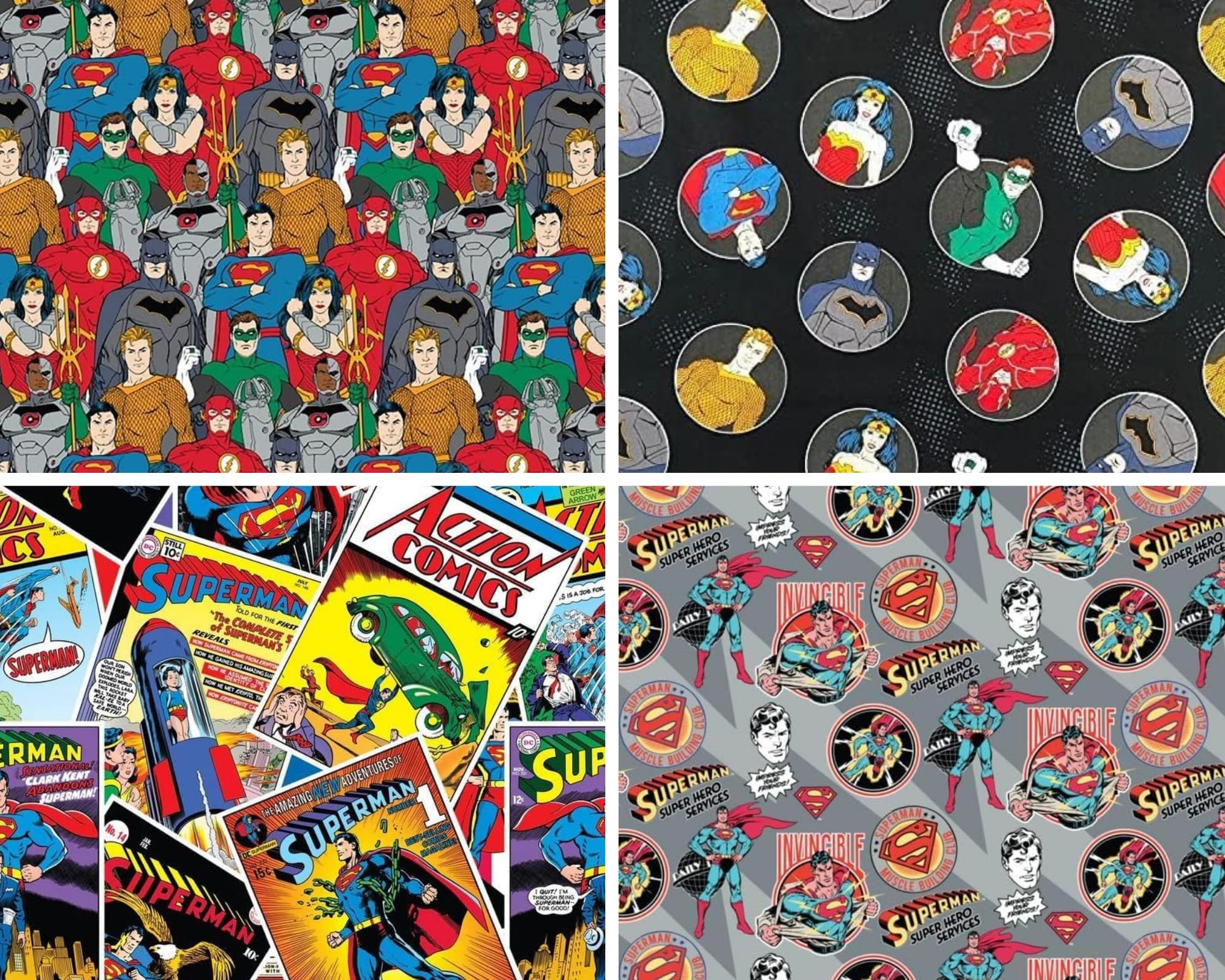 Camelot Fabrics Superman DC Comics Fat Quarters Bundle Justice League Batman Superman Green Lantern Flash Aquaman Wonder Woman Cyborg 100% Cotton Craft Material Pack of 5 (45cmx55cm)