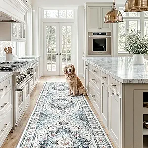 Madane Hallway Runner Rug 2'6''x10' Kitchen Runner, Non Slip Vintage Runners for Hallways Washable Kitchen Rugs Soft Low Pile 2.5x10 ft Rug Runner for Laundry Room, Entryway and Bedroom, Blue
