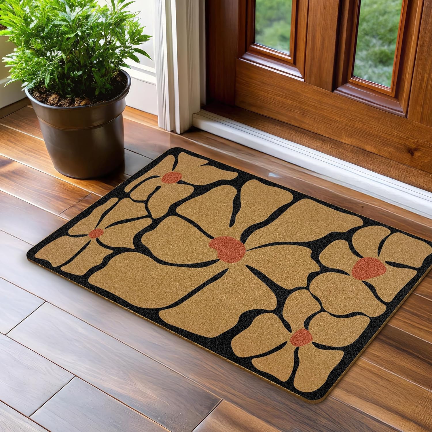 Boho Floral Coir Door Mats Outdoor, Abstract Black and White Floral Front Door Mat Outside Entrance, Boho Doormat Outdoor Indoor Entrance for Home Entryway Decor, 17x30in