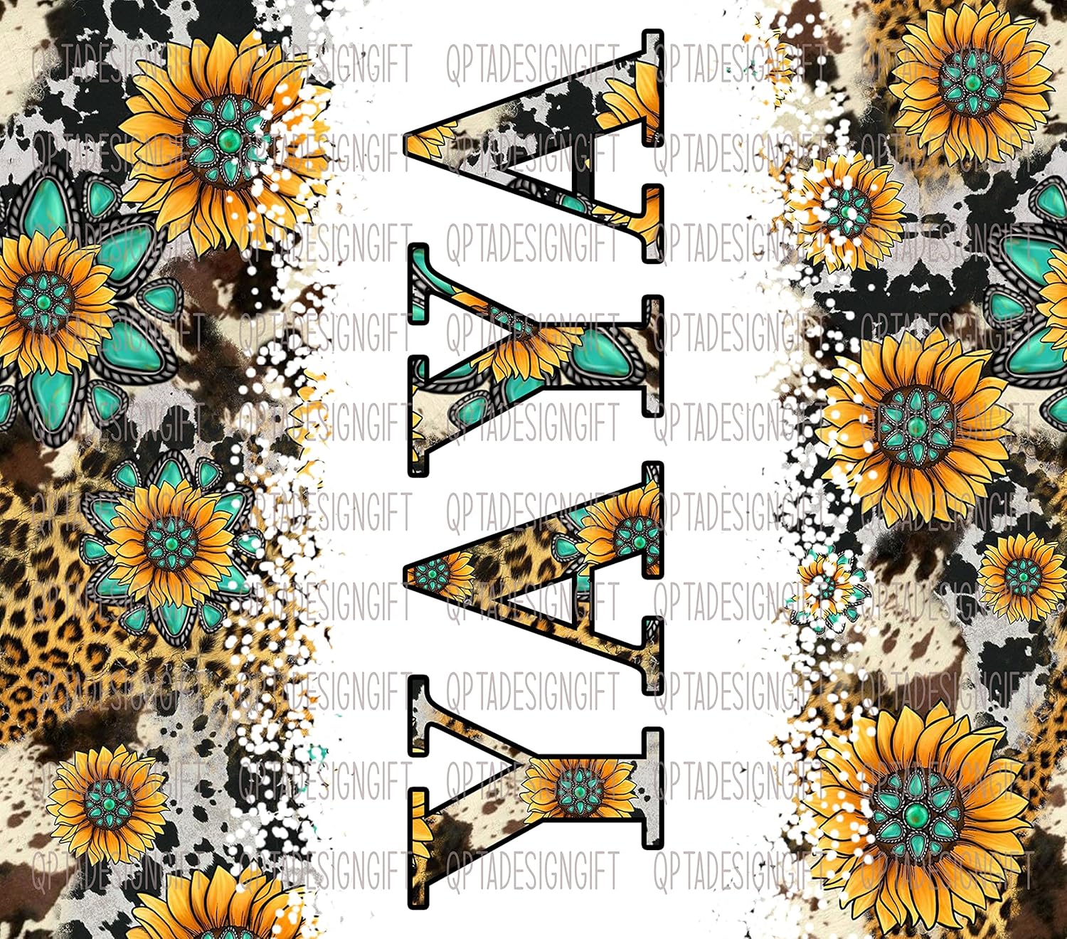 Yaya Sunflower Turquoise Gemstone And Leopard - Yaya Skinny Tumbler Cowhide Distressed Tumbler - Western Tumbler 20Oz Skinny Tumbler - Yaya Gift, White - Image 2