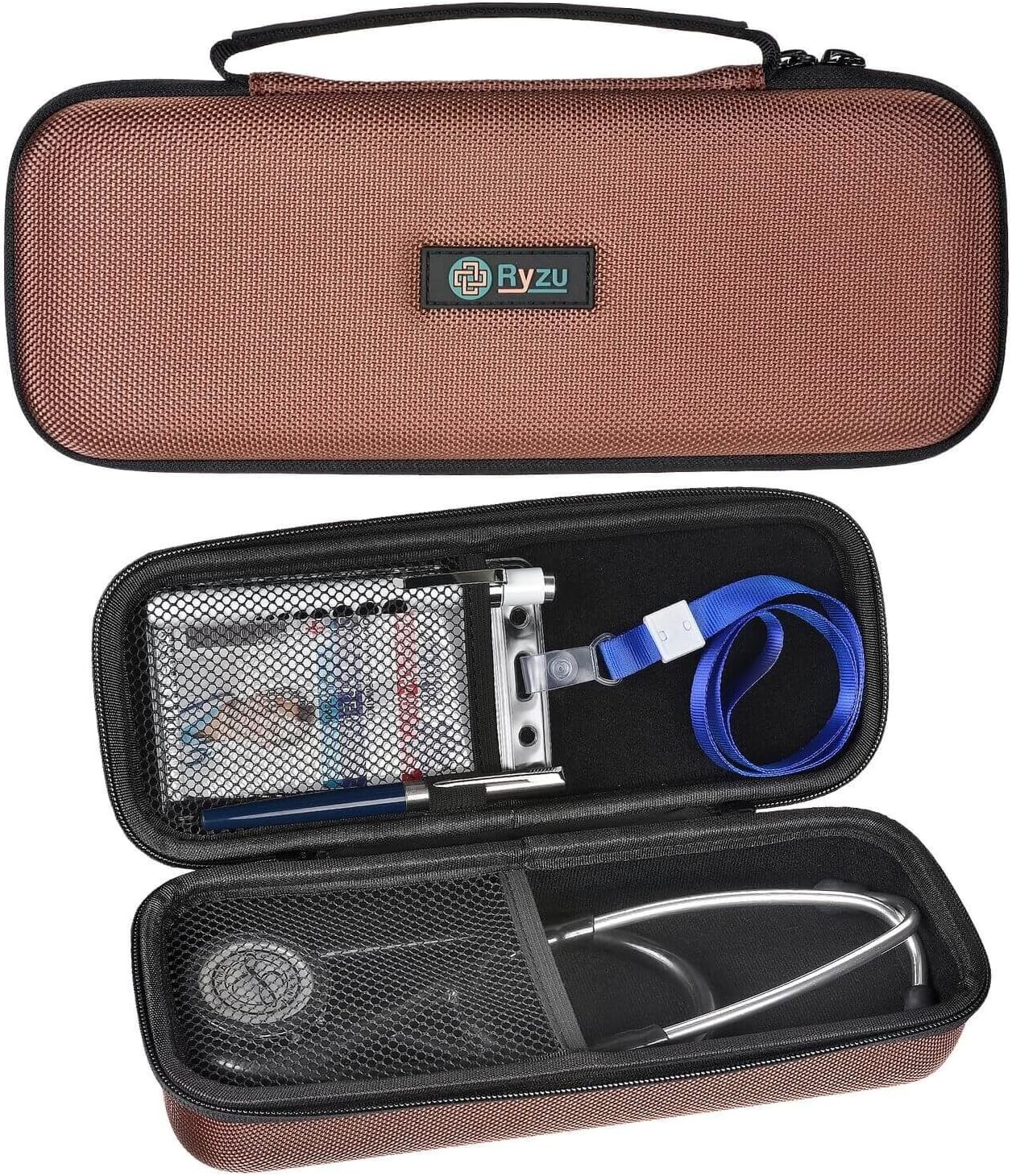 Ryzu Stethoscope Brown Hard Case - Dual Mesh Pockets โ Velvet Lining - Durable - Compatible with Littmann and Most Brands