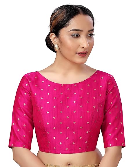 Women Cotton Silk Silky Brocade Readymade Elbow Length Sleeves Saree Blouse Choli