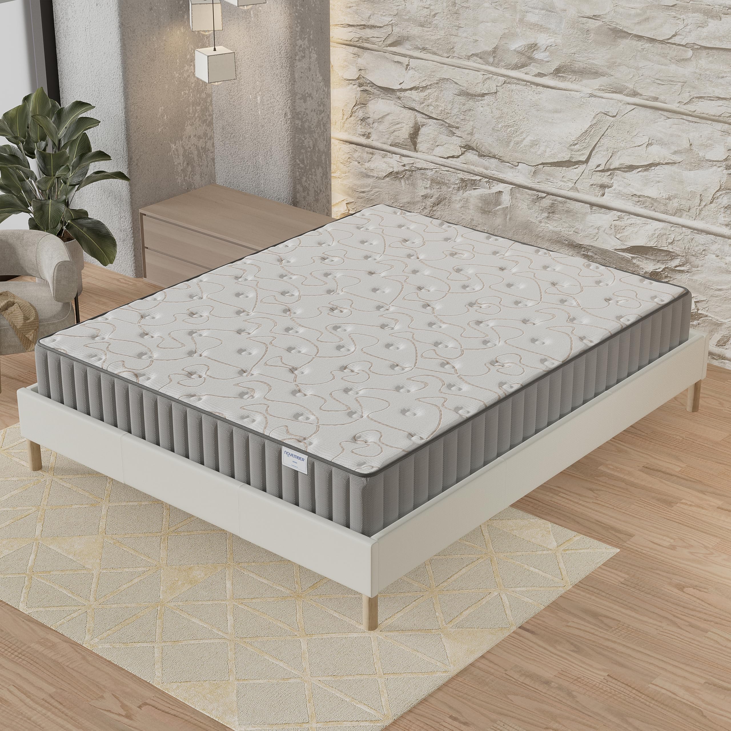 NOVEMBER- Ensemble Matelas + sommier (120 x 190cm)- Matelas Orionis Mousse Mémoire de Forme & Mousse Haute Densité d’épaisseur 16cm + Sommier Bois Stable & Robuste revêtement Tissu Blanc