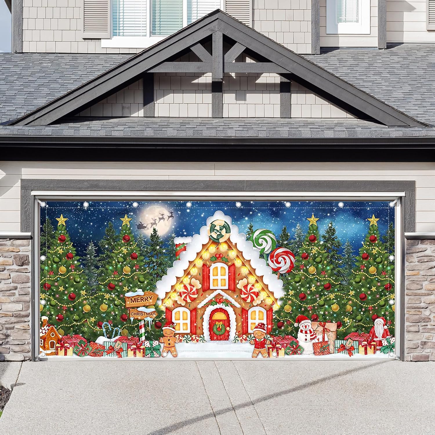 1PC 16x7ft Christmas Gingerbread House Garage Door Banner Decorations Winter Night Santa Snowflake Pine Trees Fairy Tale Photography Backdrop Home Wall Cover Xmas Party Supplies
