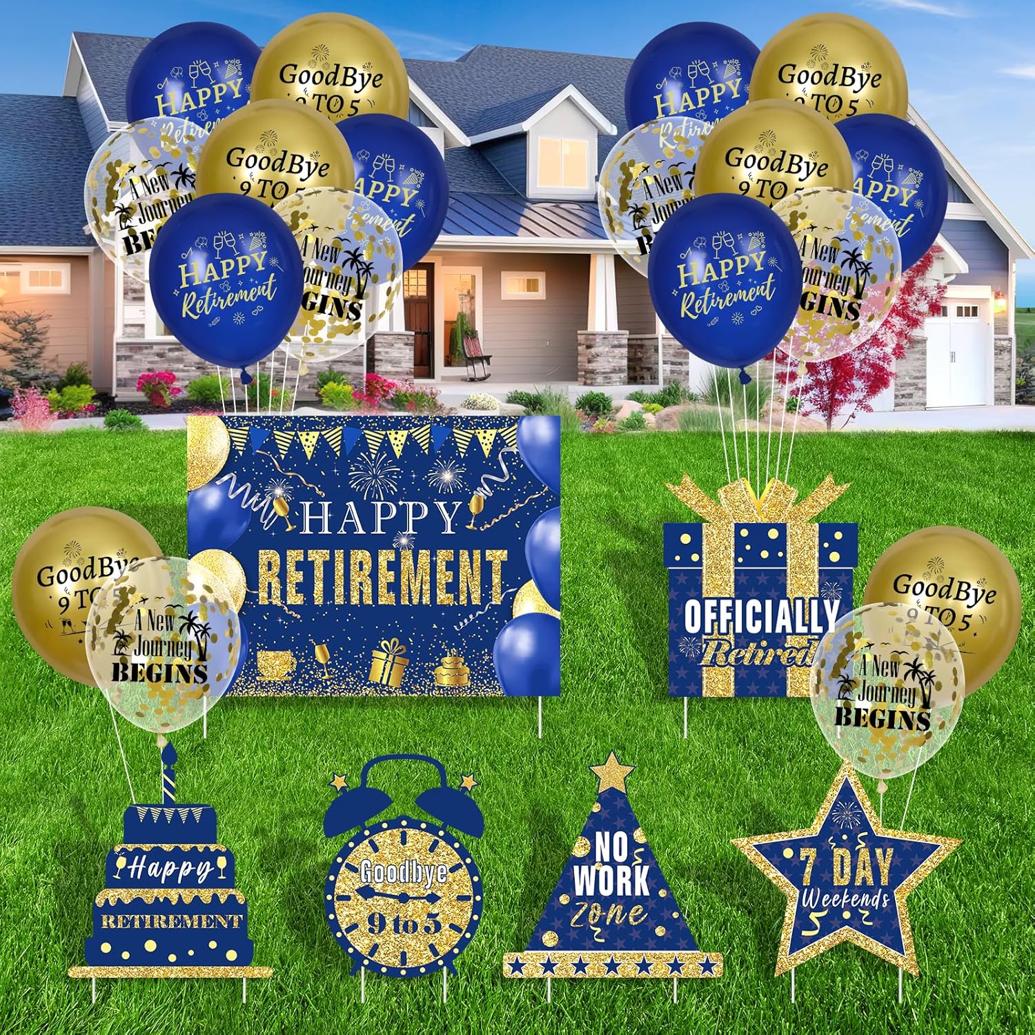 24Pcs Retirement Party Decorations for Men Navy Blue Gold