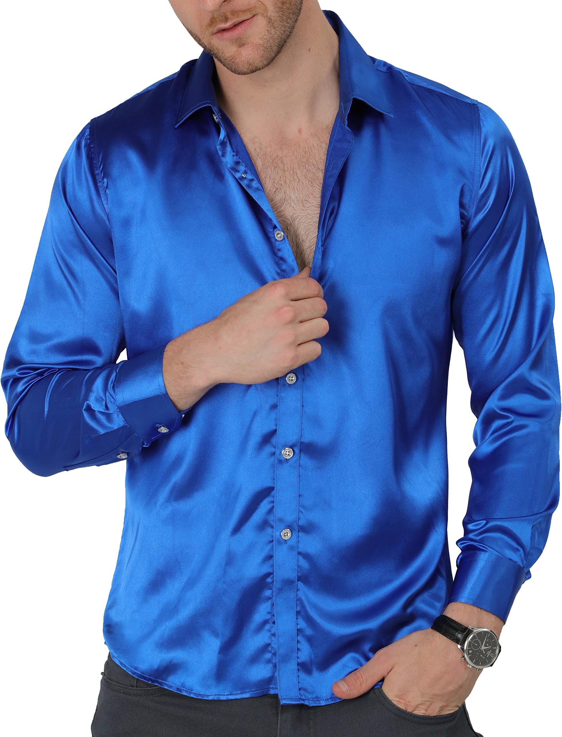 VICALLEDMen's Satin Luxury Dress Shirt Slim Fit Silk Casual Dance Party Long Sleeve Fitted Wrinkle Free Tuxedo Shirts