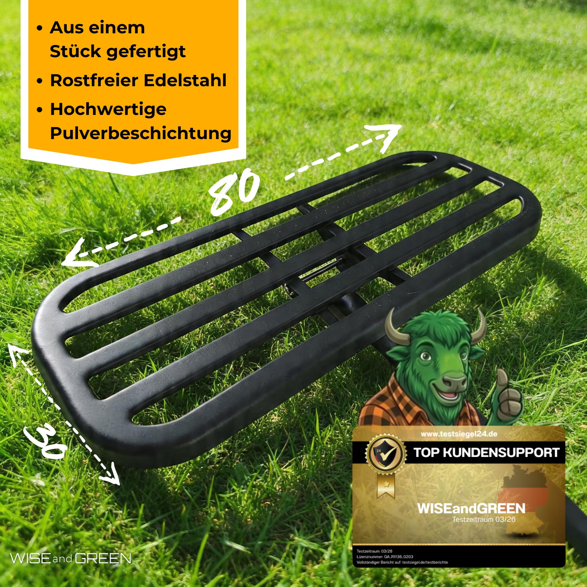 Rasenrakel für Ebenen Rasen | WISEandGREEN 80x30cm | Edelstahl | Kein Verhaken · Abgerundete Ecken · Holzstiel · Nivellierrechen