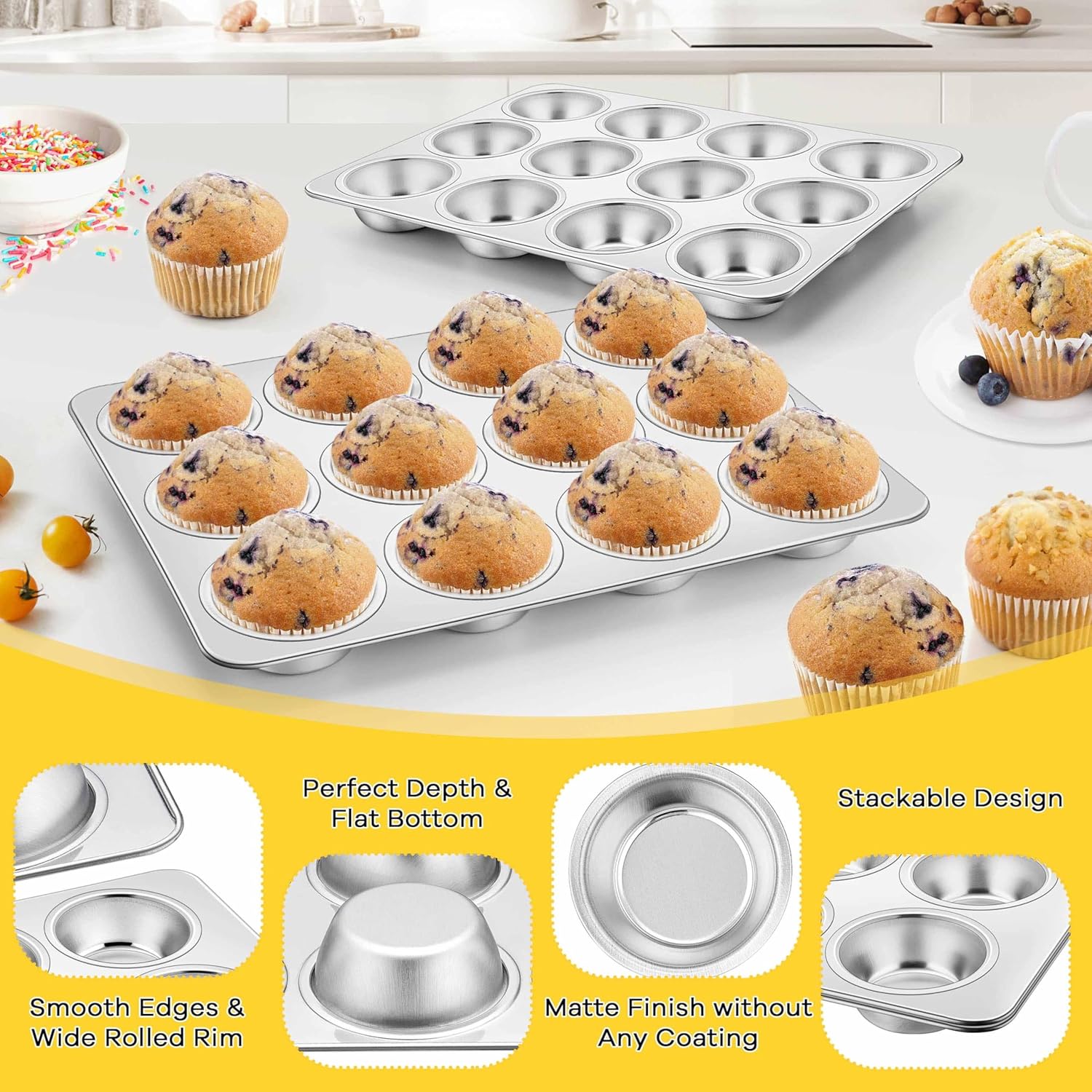 4 Pack Cooling Racks with Muffin Pan Set, Stainless Steel Cupcake Tin Tray 12 Cups for Baking, 16.5 x 11.5 Stainless Steel Large Oven Bacon Baking Rack, Non Toxic & Rust Free, Dishwasher Safe