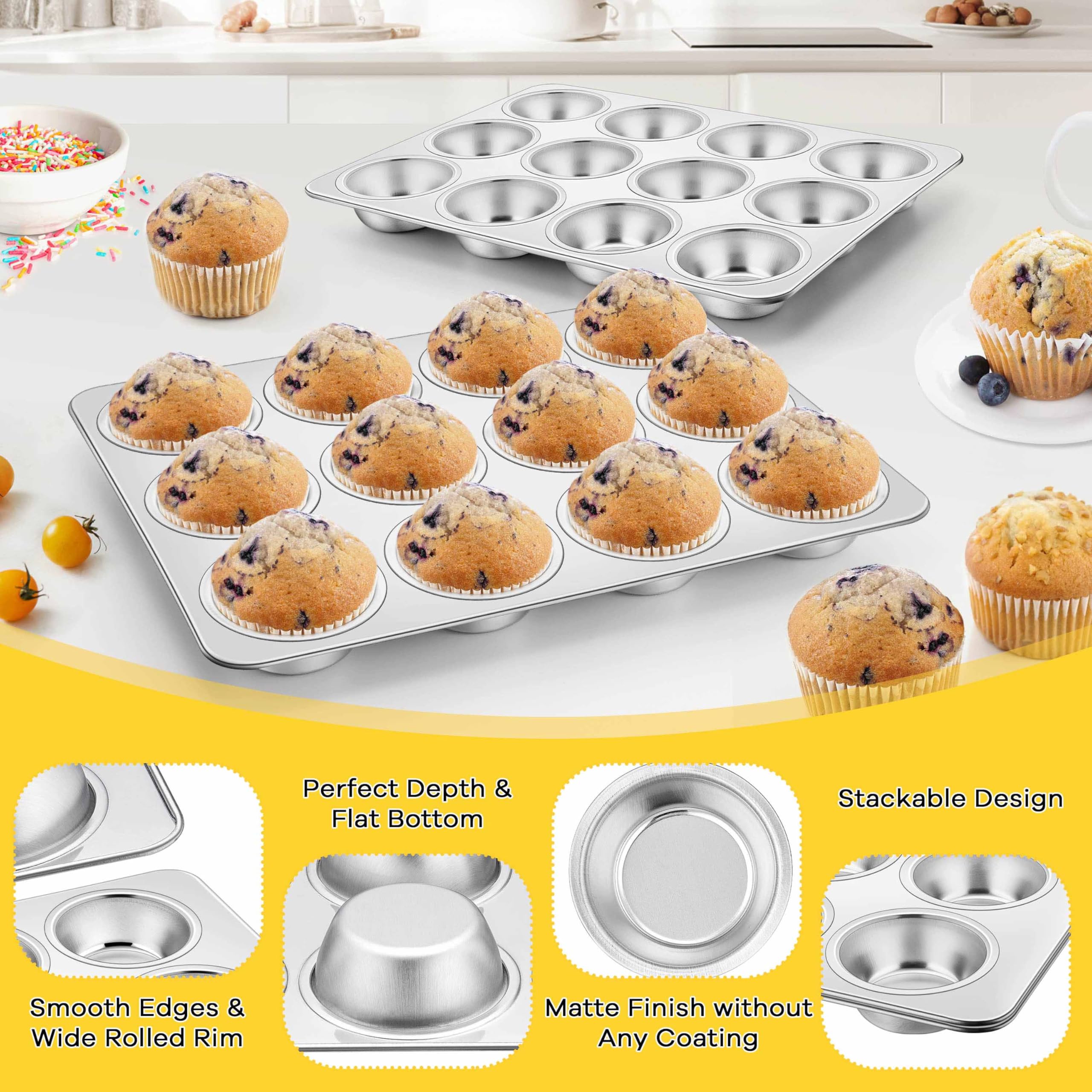 Homikit Lot de 2 moules à muffins en acier inoxydable avec 12 tasses de taille standard, plateau anti-adhésif en métal pour la cuisson, non toxique et antirouille, passe au four et au lave-vaisselle