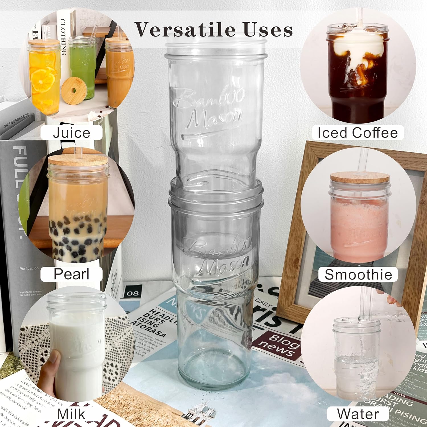ANOTION Glass Cups with Lids and Straws 2 Packs, 24oz Travel Coffee Mug Wide Mouth Bamboo Mason Jar Iced Coffee Cup Smoothie Cup Glass Tumbler Tea Cup Clear Cute Water Cups Drinking Jars Glasses - Image 4