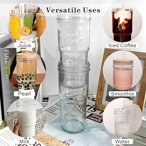 Miniatura 4 de ANOTION Glass Cups with Lids and Straws 2 Packs, 24oz Travel Coffee Mug Wide Mouth Bamboo Mason Jar Iced Coffee Cup Smoothie Cup Glass Tumbler Tea