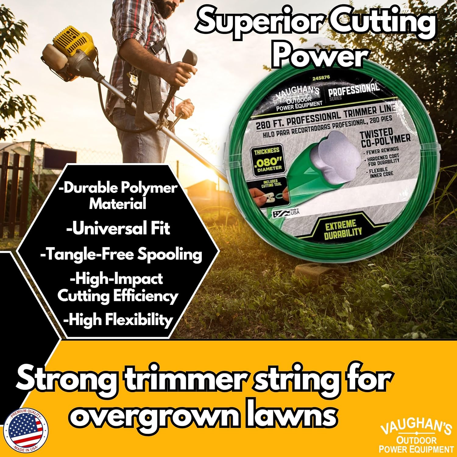 Vaughan's Master Line PRO .080" Trimmer Line, 280ft | Jacketed Heavy-Duty Universal Weed Eater String for Gas & Electric Models | Made in The USA (6 Pack)