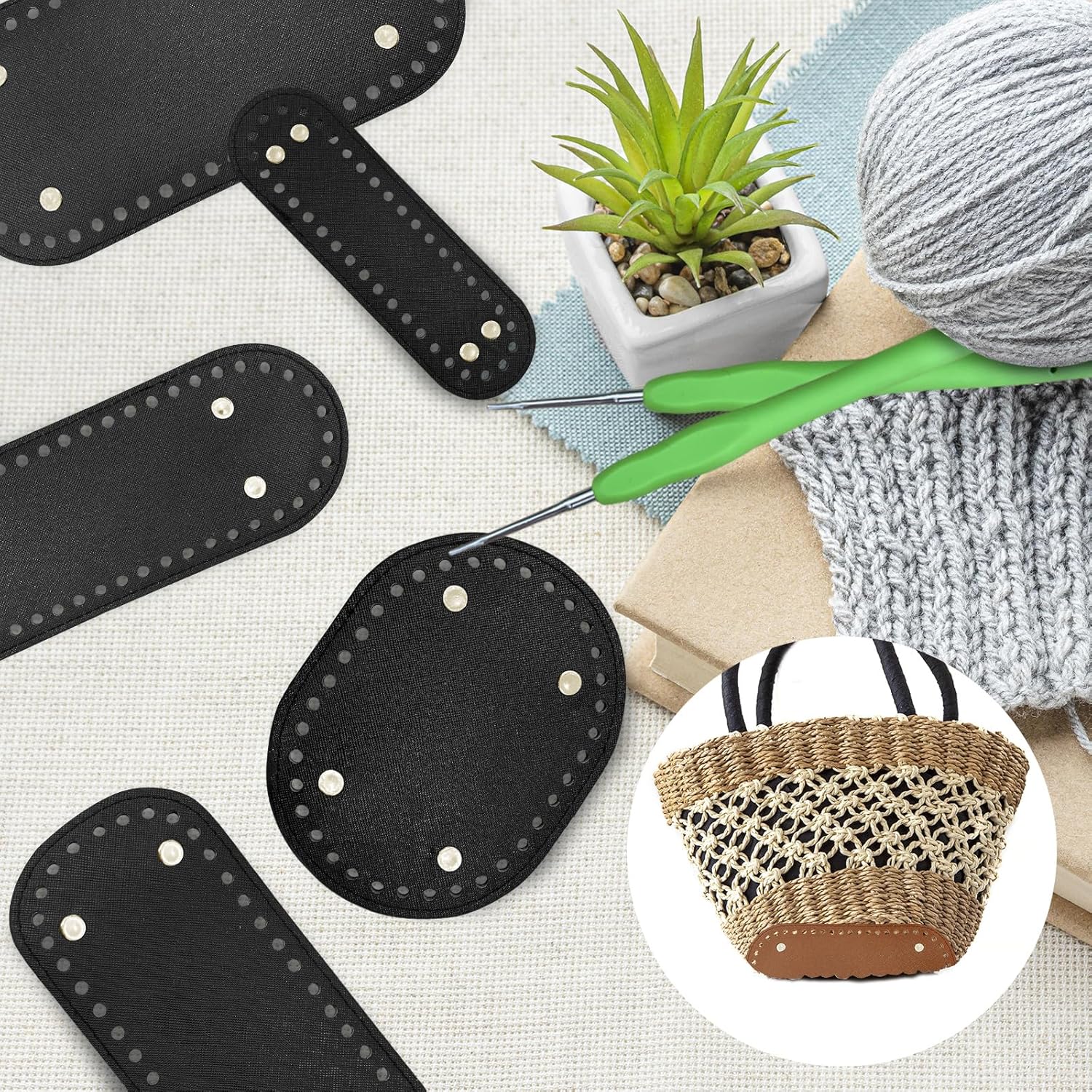 12 Pcs PU Leather Bag Bottom with Crochet Hooks Kit, 5 Sizes Bag Bases for Crochet, Oval Bag Bottom Shaping Pad Bags Cushion Base for DIY Knitting Crochet Bag Tote Purse Making - Image 5