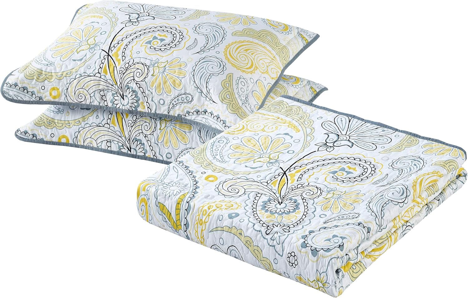 All American Collection New 3pc Yellow/Grey Paisley Printed Reversible Bedspread/Quilt Set Matching Curtains Available (Full/Queen Size, Yellow & Grey)