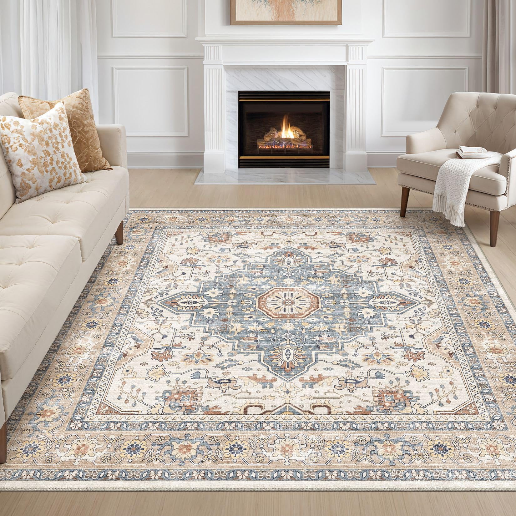 LOONGRUG Square Rug 8x8 Washable Vintage Boho Living Room Rug Beige Blue