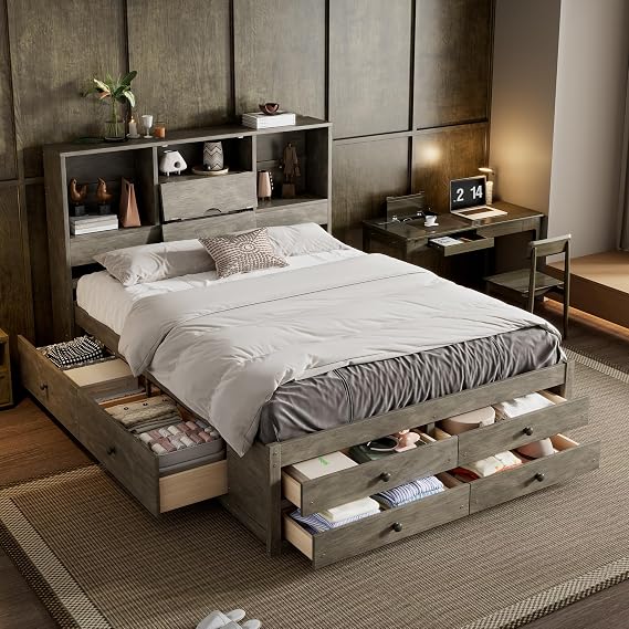 Queen Size Platform Bed, Queen Bed Frame with Storage Headboard and 8 Drawers, Easy Assembly, Modern Solid Wood Bed Frame, Includes Installation Manual, Gray