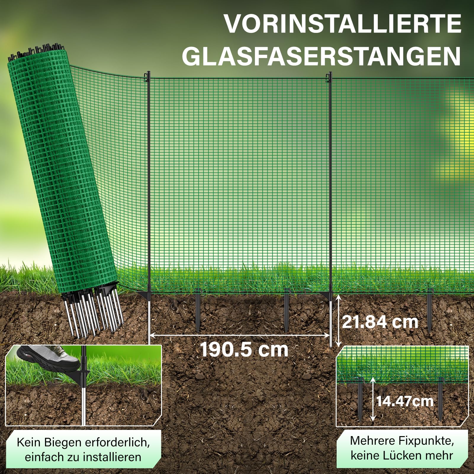 Mobiler Begrenzungszaun 15 m 122 cm hoch 9 Fiberglaspfähle Hühnerzaun Hundezaun Weidezaun Dunkelgrün