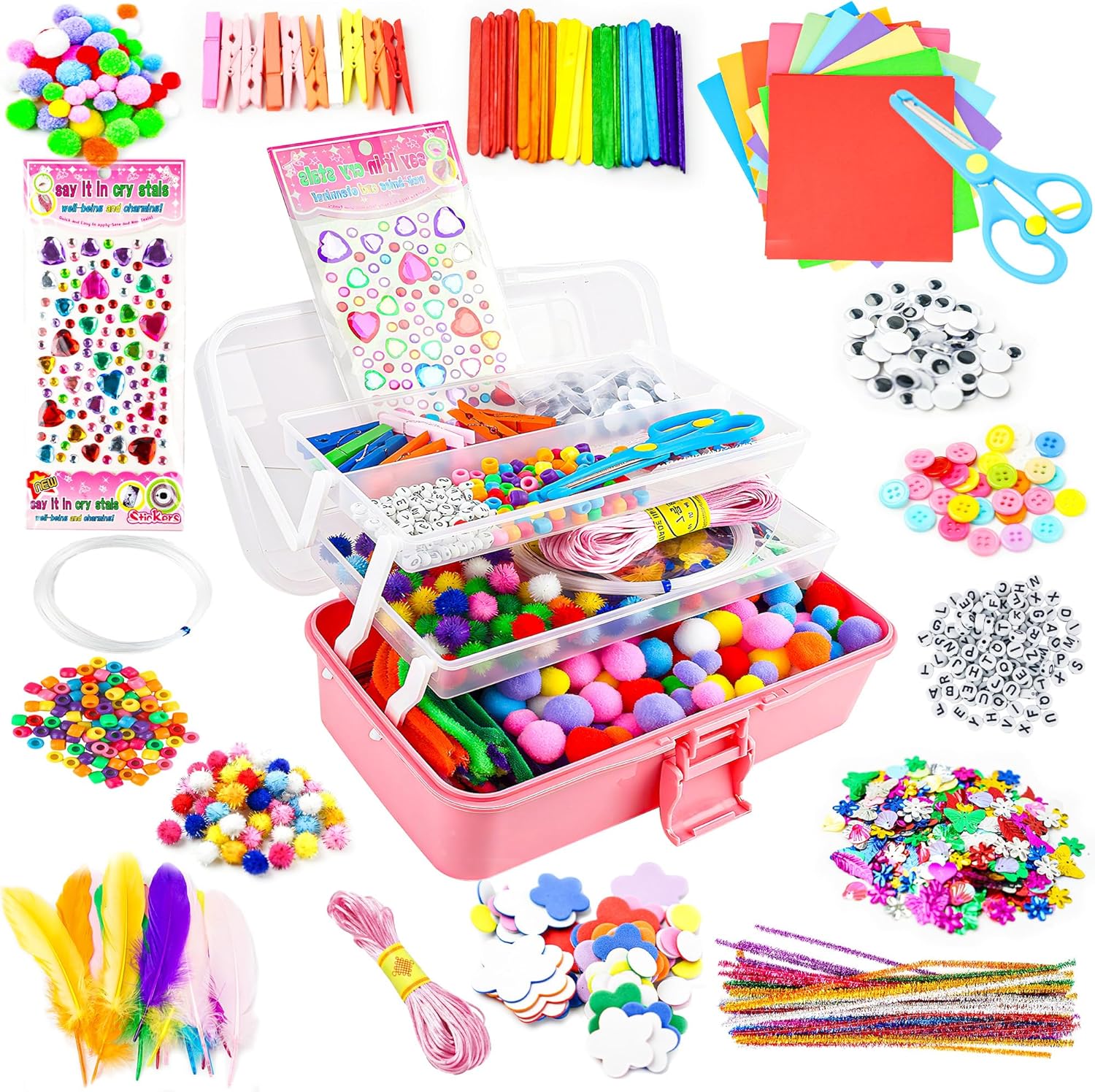 SMILESSKIDDO Arts Craft Supplies for Kids - 1400+ PCS Toddler DIY Craft Art Supply Set, Portable 3 Layered Folding Storage Box School Craft Projects - Gifts for Girls Ages 4-8, 8-12, Pink
