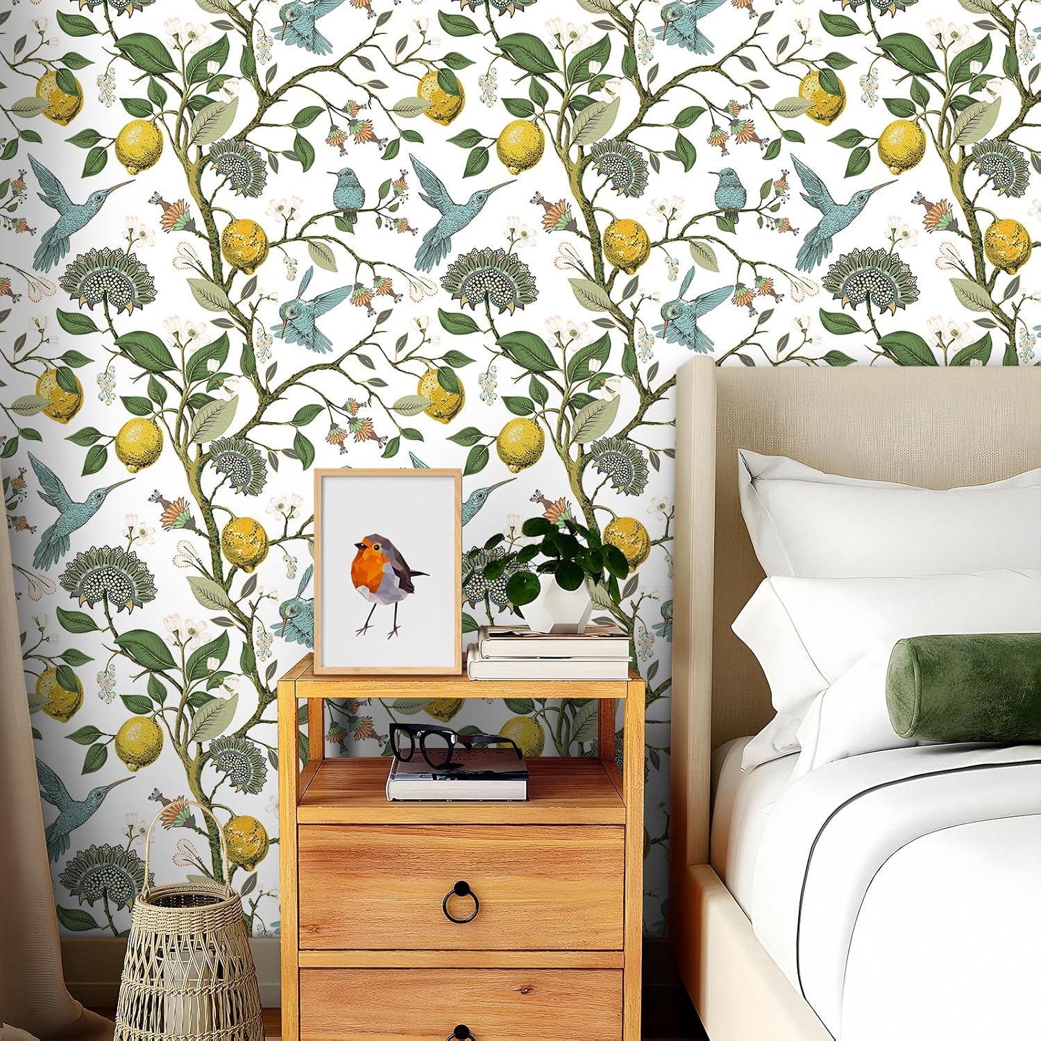 Livelynine 17.5x276 Blue Yellow Lemon Wallpaper Peel and Stick Kitchen Wall Paper Waterproof Contact Paper Lemons Vintage Floral and Hummingbird Wallpaper Prepasted Fresh Lemon Tree Renter Friendly
