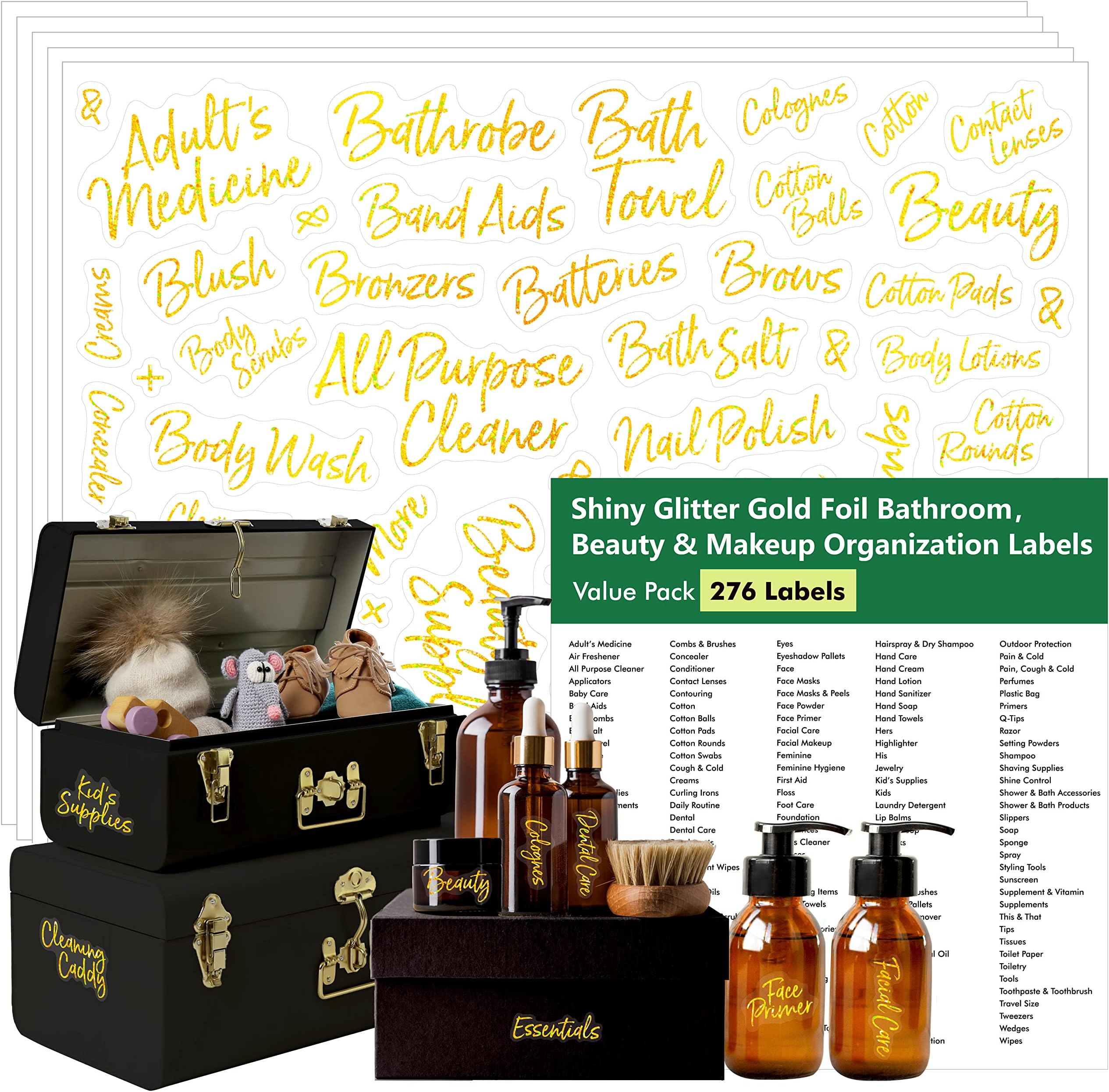 Hebayy 276 PCS Bathroom Labels, Shiny Glitter Gold Foil Beauty & Makeup Stickers 240 Pre-printed Waterproof Oil&Tear Resistant Removable Labels, 36 Blank Ones, No Residue for Home Organization