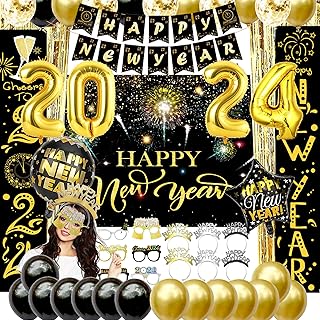 HIPEEWO New Years Eve Party Supplies 2024 - Happy New Year Decorations 2024 Include Backdrop, Banner, Porch Signs, Glasses, Tiaras, Balloons, Curtains, for New Years Eve Party Decorations Supplies