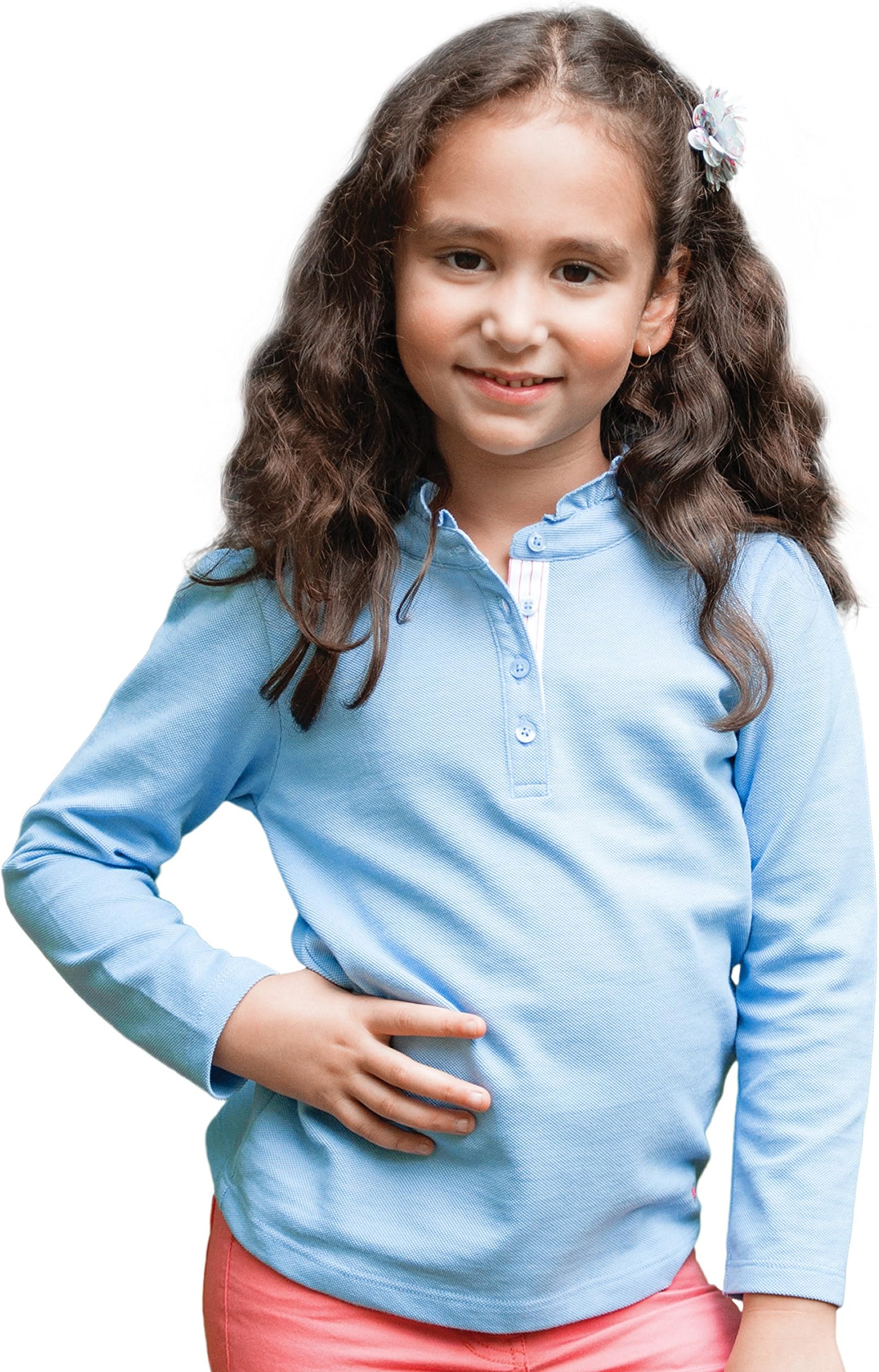 Girls' Blue Ruffled Polo - Long Sleeve School Uniform - 100% Pima Cotton