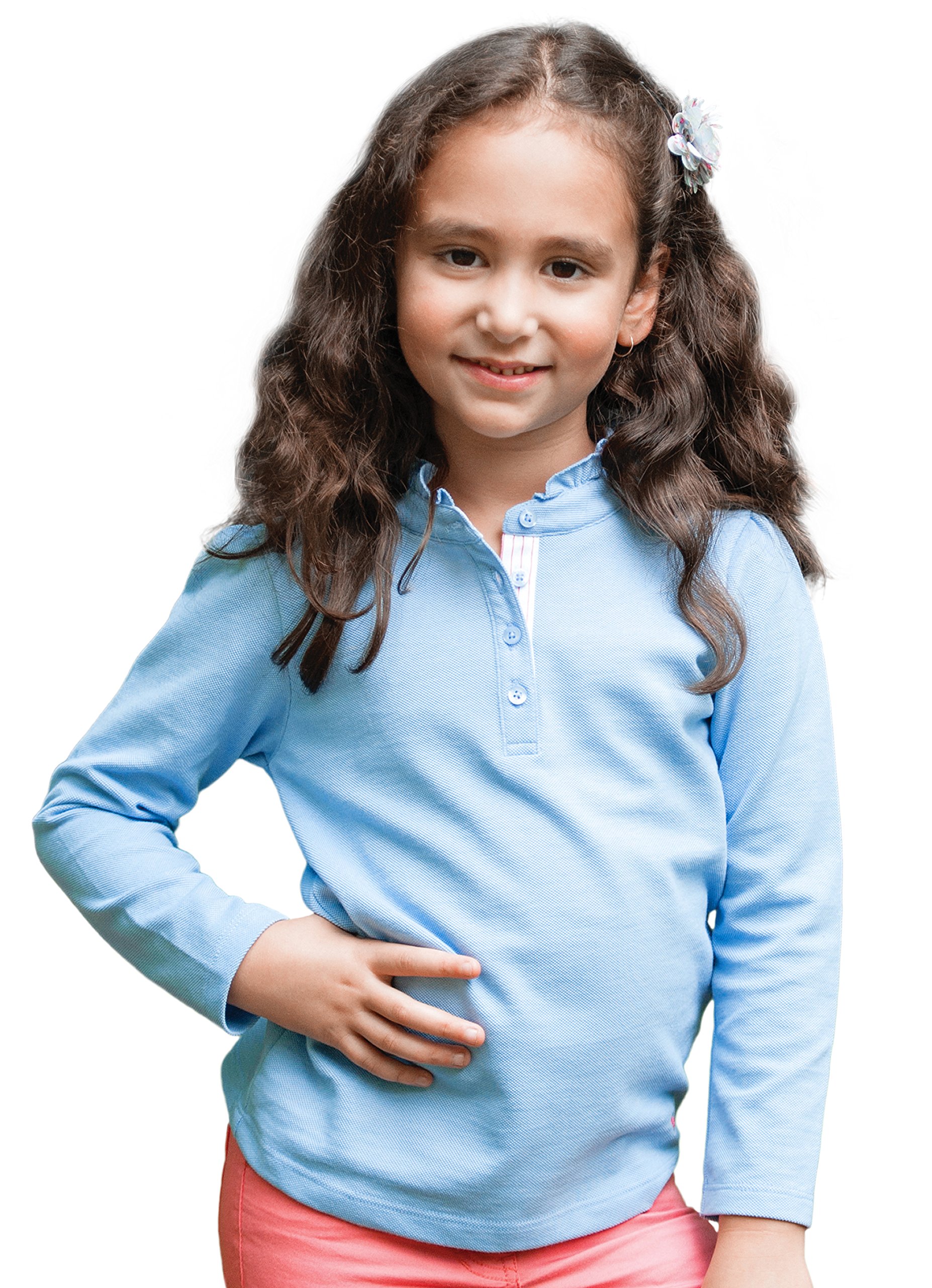 Girls' Blue Ruffled Polo - Long Sleeve School Uniform - 100% Pima Cotton