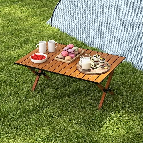 Miniatura 9 de COSTWAY Mesa de picnic plegable, mesa de campamento de aluminio enrollable con veta de madera, mesa de playa portátil de baja altura con bolsa de
