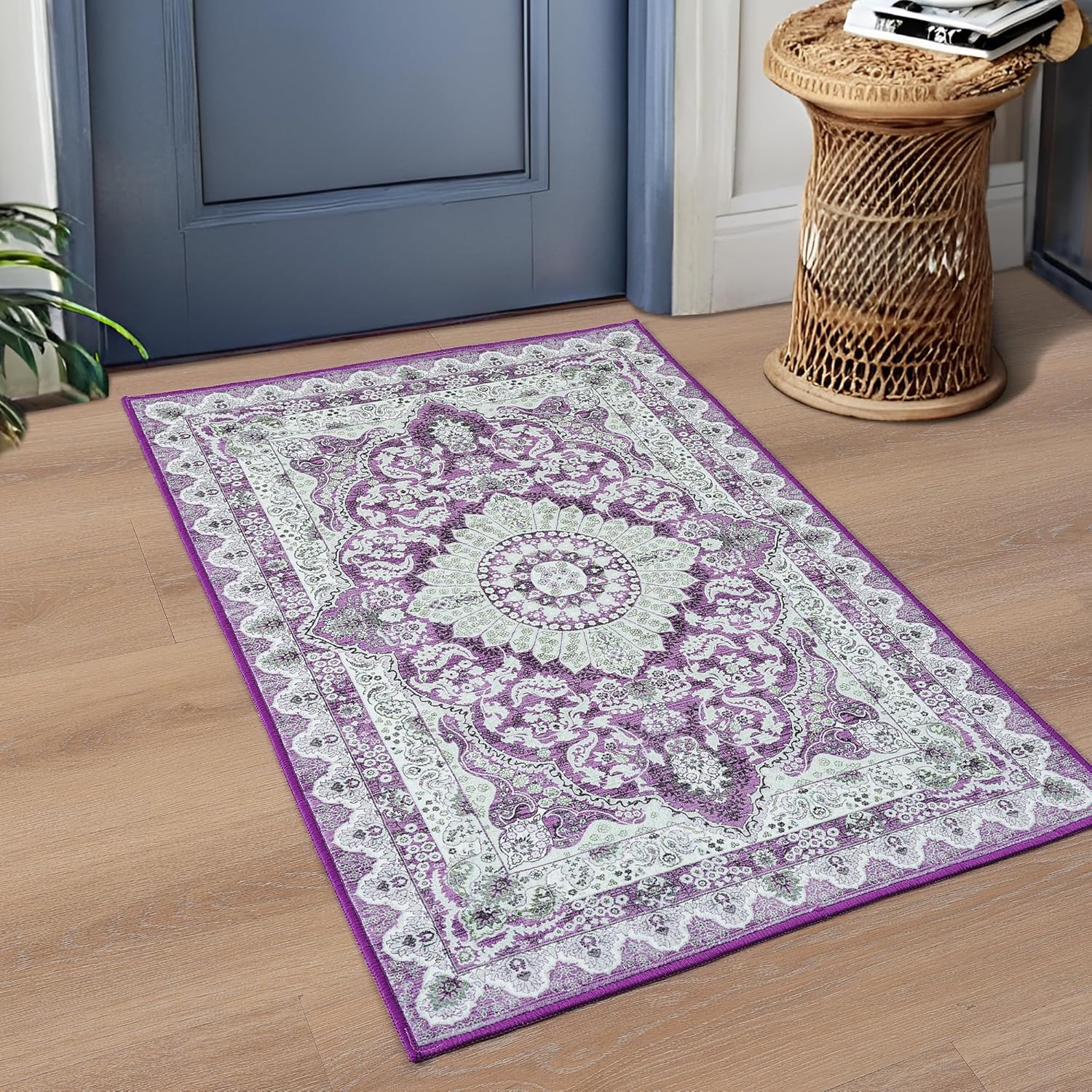 Foxmas Small Rugs for Entryway 2x3 Feet, Non-Slip Doormat Indoor Entrance Vintage Washable Area Rug, Low Pile Throw Rugs for Entryway Bedroom Kitchen Living Room, Purple