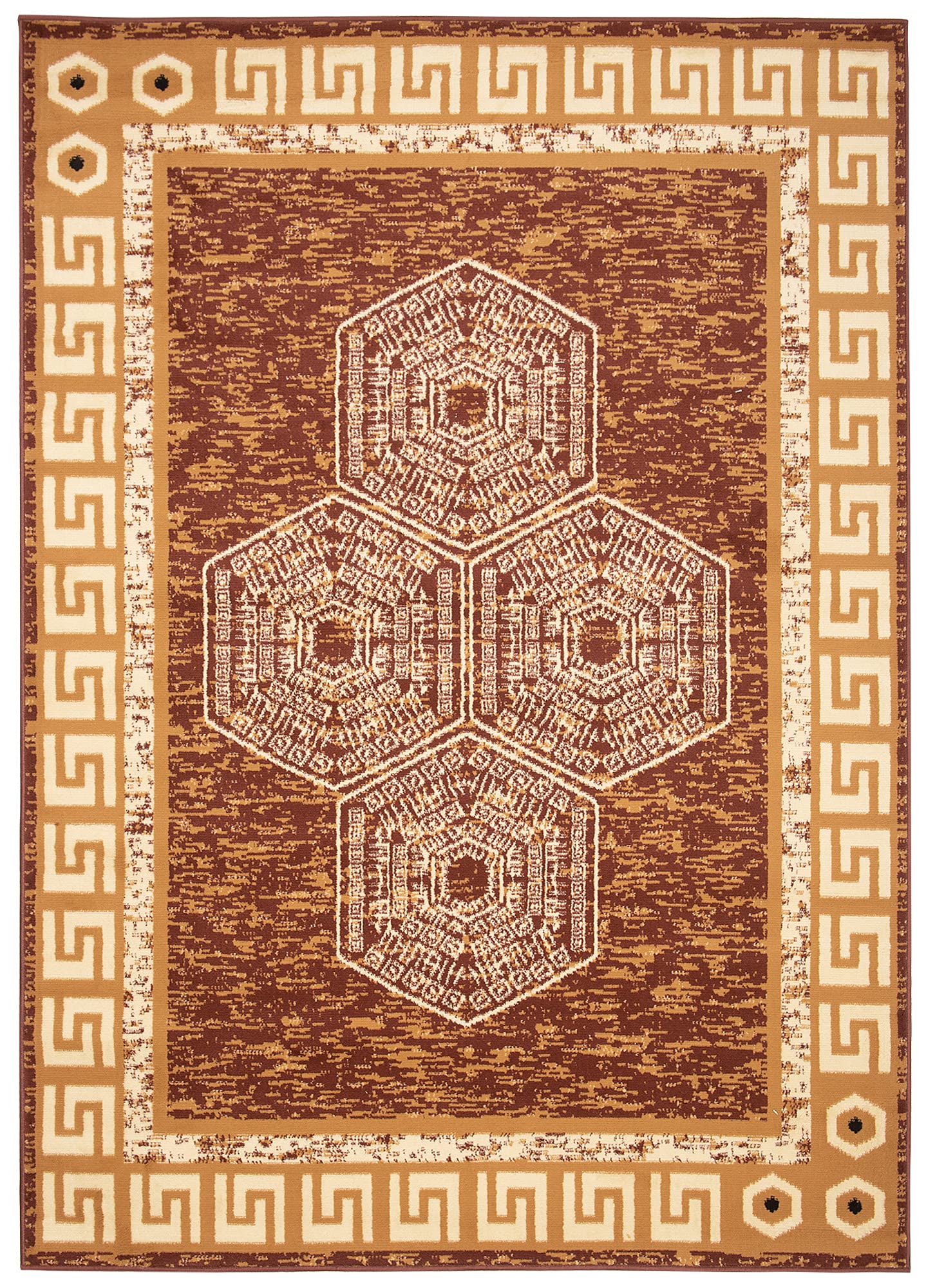 TAPISO Atena Tapis de Salon Chambre Ado Design Moderne Marron Sable Motif Grec Bordé Doux Fin Poil Court 140 x 200 cm