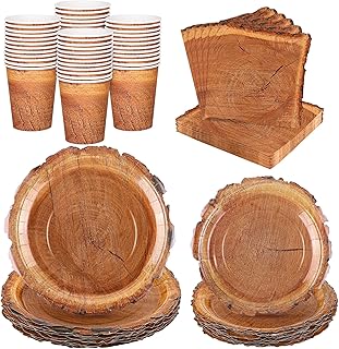 Kochorie 96 Pieces Wood Grain Slice Tableware Sets Rustic Wood Party Supplies Including Paper Plates, Napkins, Cups, Serves 24 for Camping Birthday Hunting Forest Party Decorations