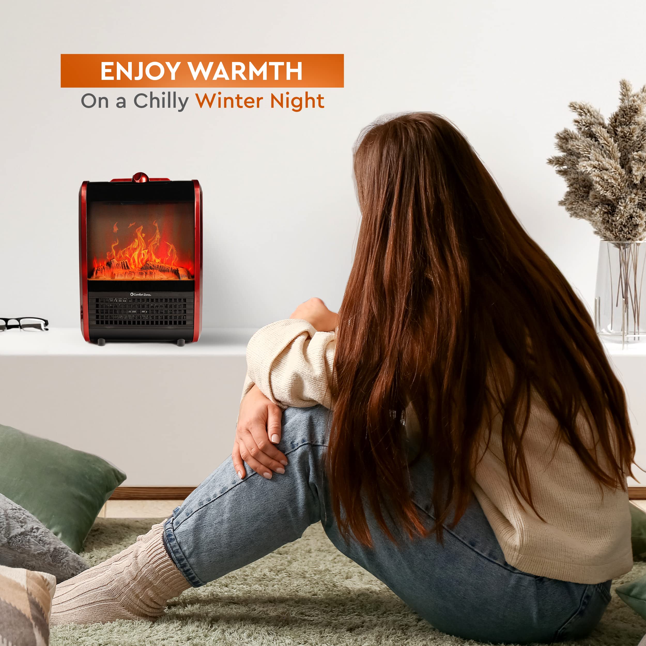 Comfort Zone CZFP1 Portable Fireplace Heater, Realistic 3D Flame Effect