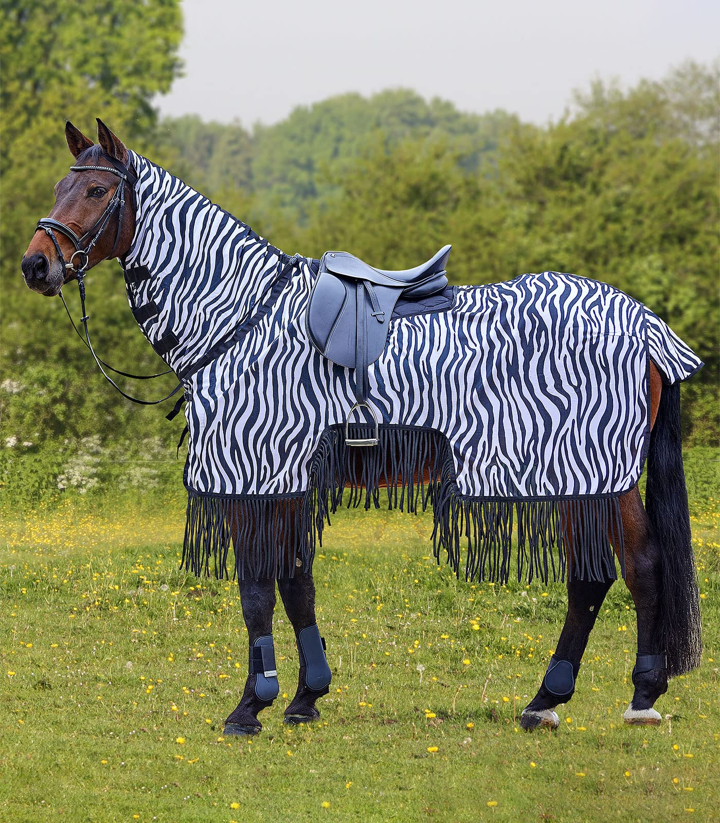 Fliegenausreitdecke Zebra mit Fransen, Schwarz/weiß, 125 cm