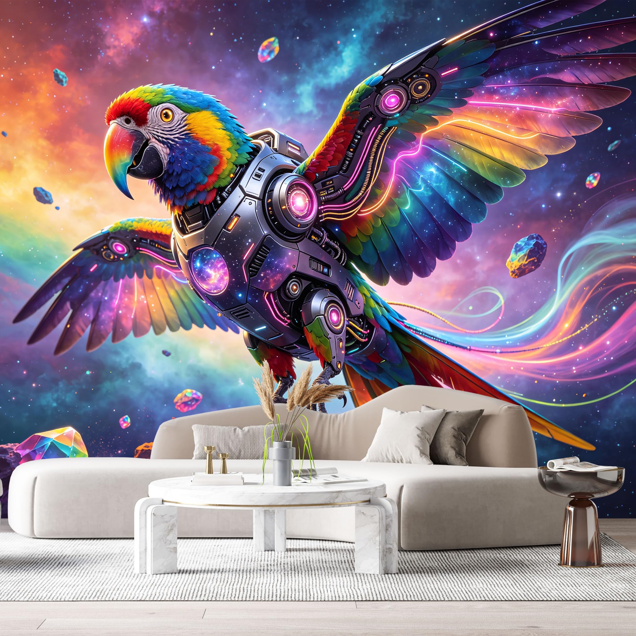 Custom Size Wall Mural Cyber Parrot Neon Mech Bird Futuristic Space Art SelfAdhesive Art Prints Removable Large Wallpaper Boy Bedroom Esports Room Game Room Tenant Room Studio